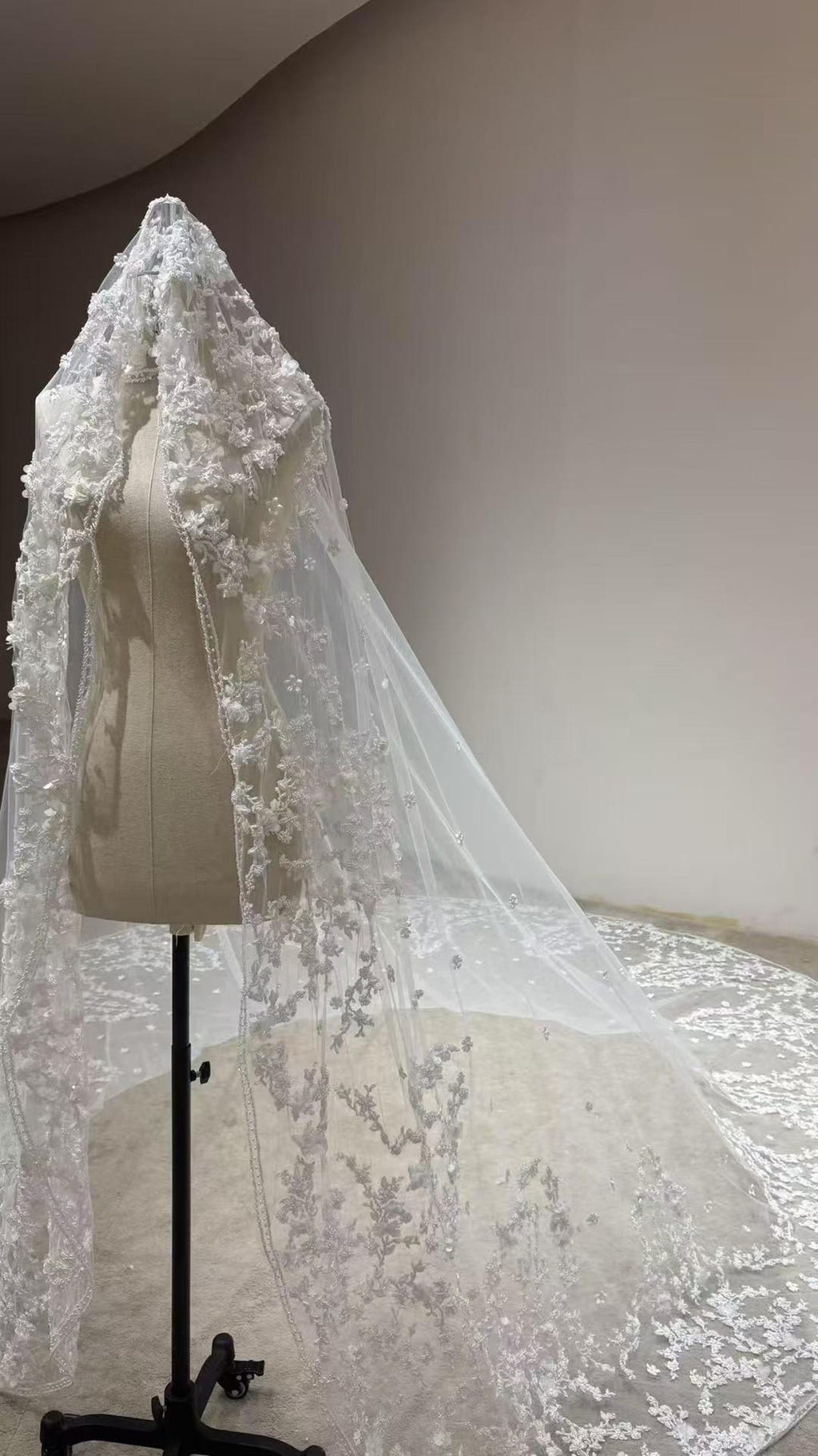 Cathedral Lace Wedding Veil, 3D Floral Appliqué Bridal Veil, Long Lace Edge Chapel Veil With Train