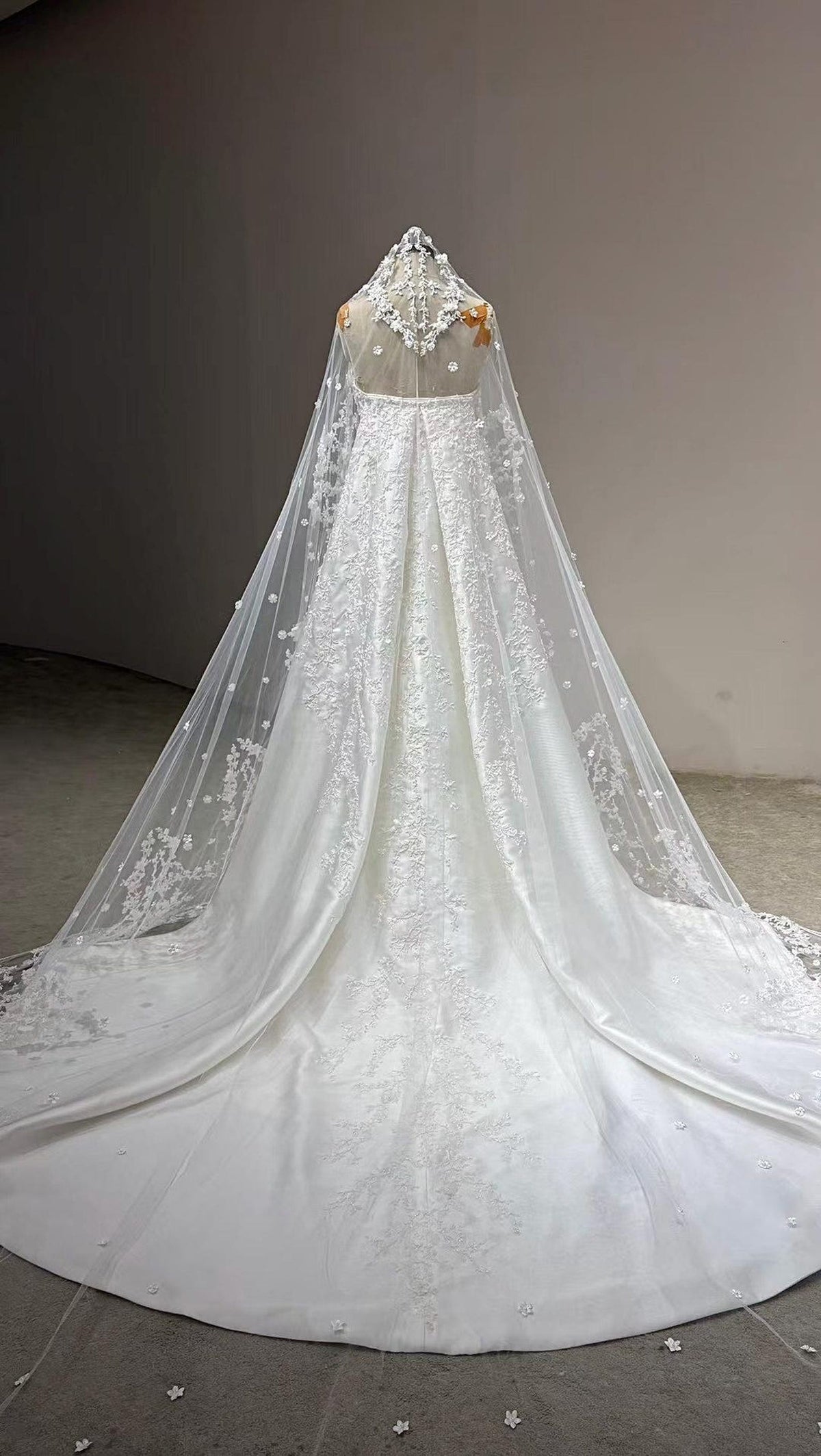 Cathedral Lace Wedding Veil, 3D Floral Appliqué Bridal Veil, Long Lace Edge Chapel Veil With Train
