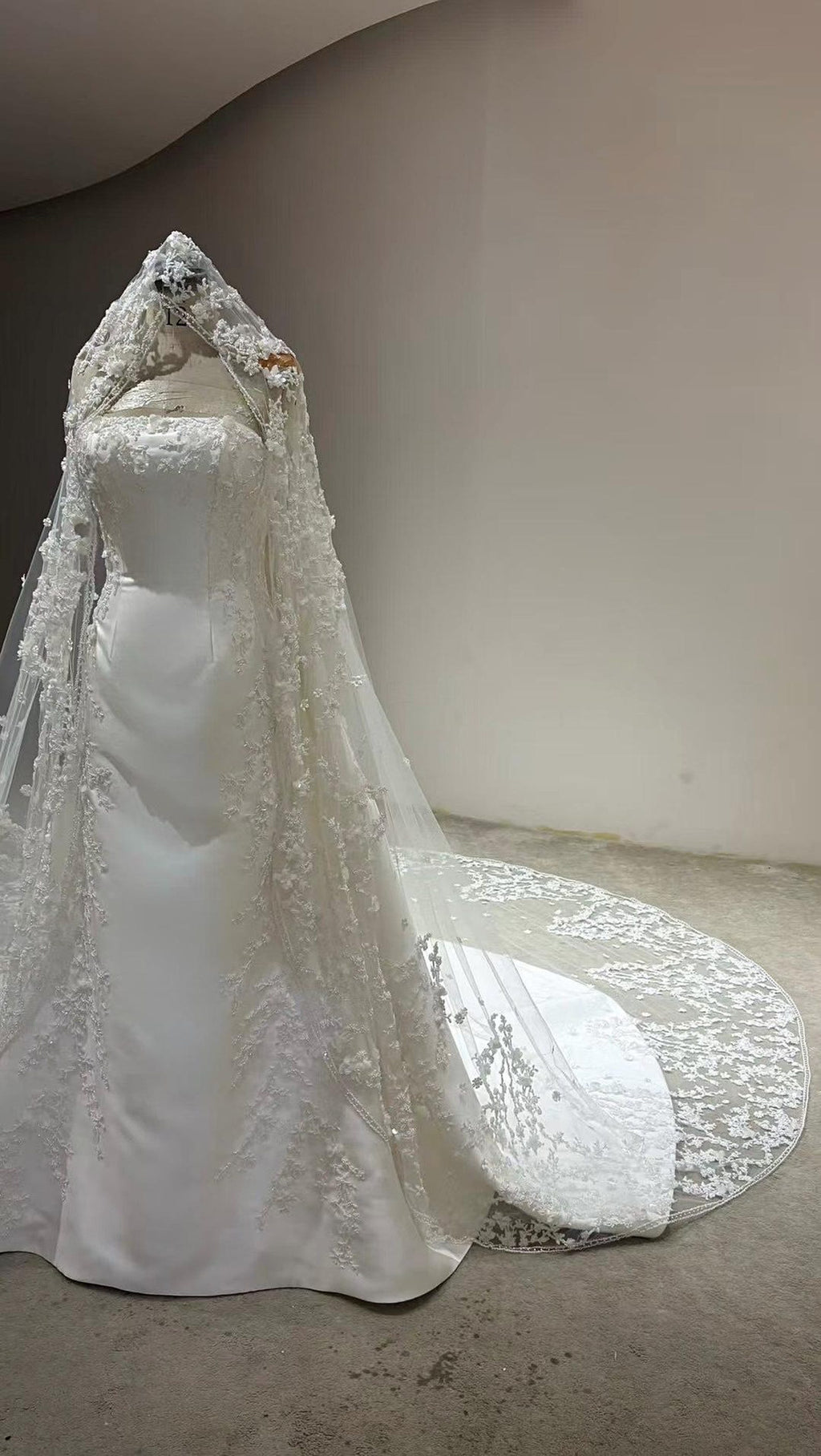 Cathedral Lace Wedding Veil, 3D Floral Appliqué Bridal Veil, Long Lace Edge Chapel Veil With Train