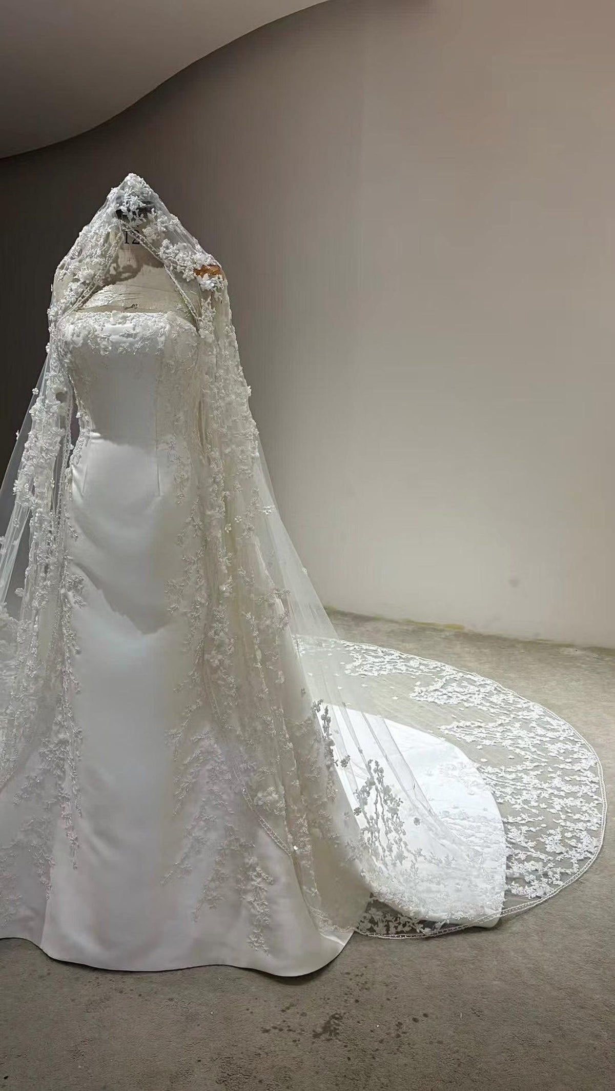 Cathedral Lace Wedding Veil, 3D Floral Appliqué Bridal Veil, Long Lace Edge Chapel Veil With Train