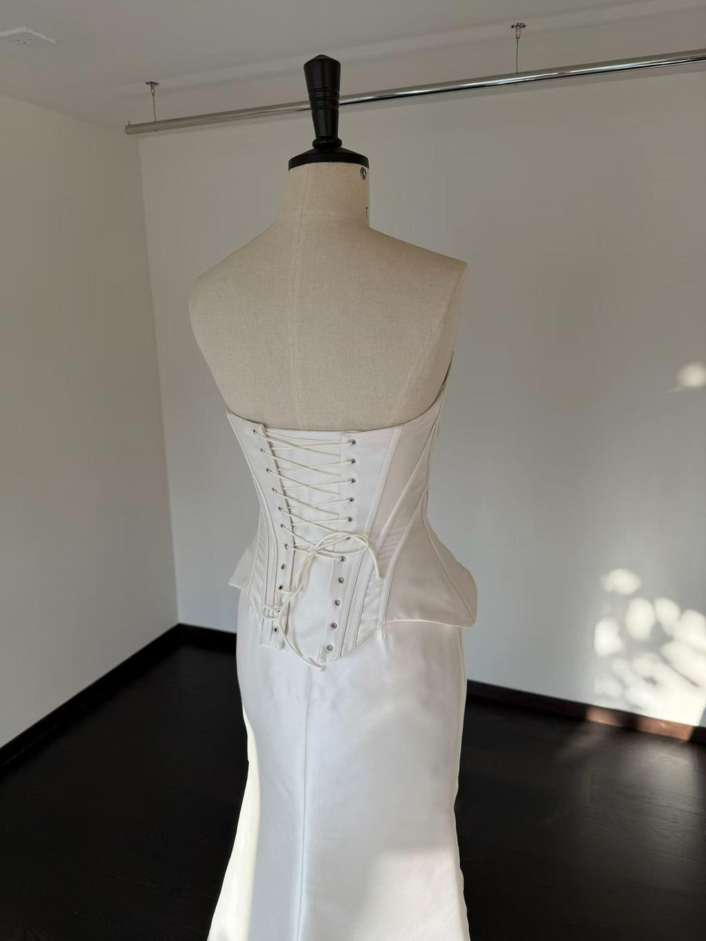 Strapless Corset Mikado Satin Mermaid Wedding Dress, Pleated Bodice Draped Skirt Bridal Gown