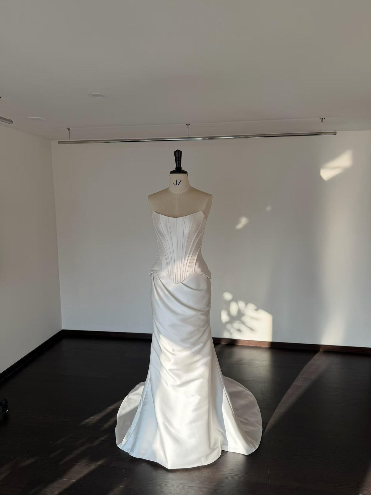 Strapless Corset Mikado Satin Mermaid Wedding Dress, Pleated Bodice Draped Skirt Bridal Gown