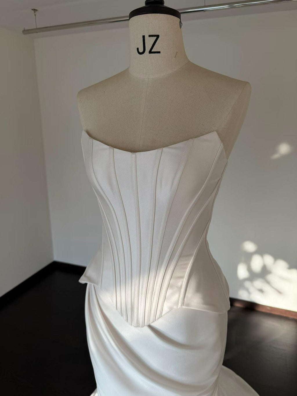 Strapless Corset Mikado Satin Mermaid Wedding Dress, Pleated Bodice Draped Skirt Bridal Gown