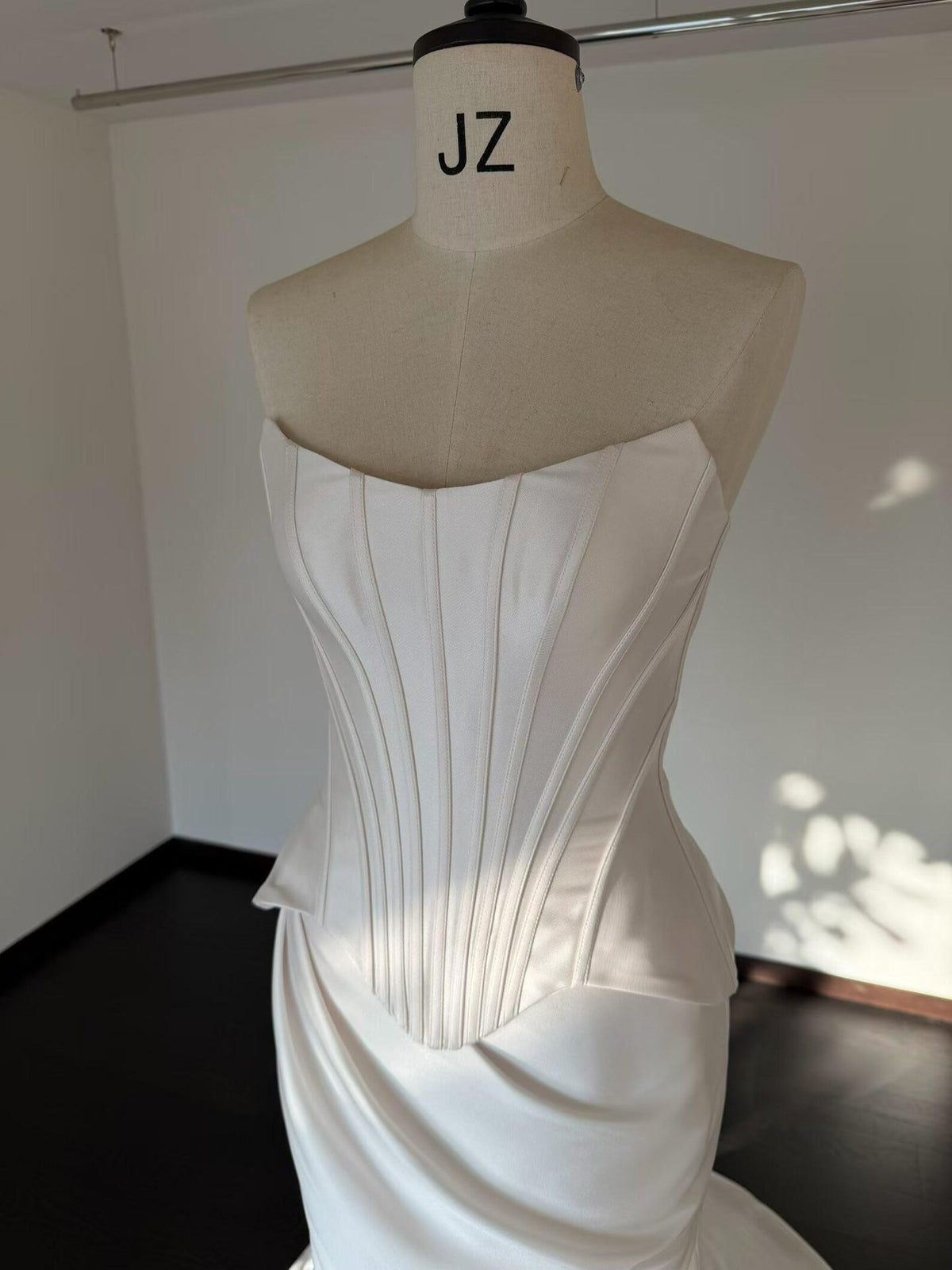 Strapless Corset Mikado Satin Mermaid Wedding Dress, Pleated Bodice Draped Skirt Bridal Gown