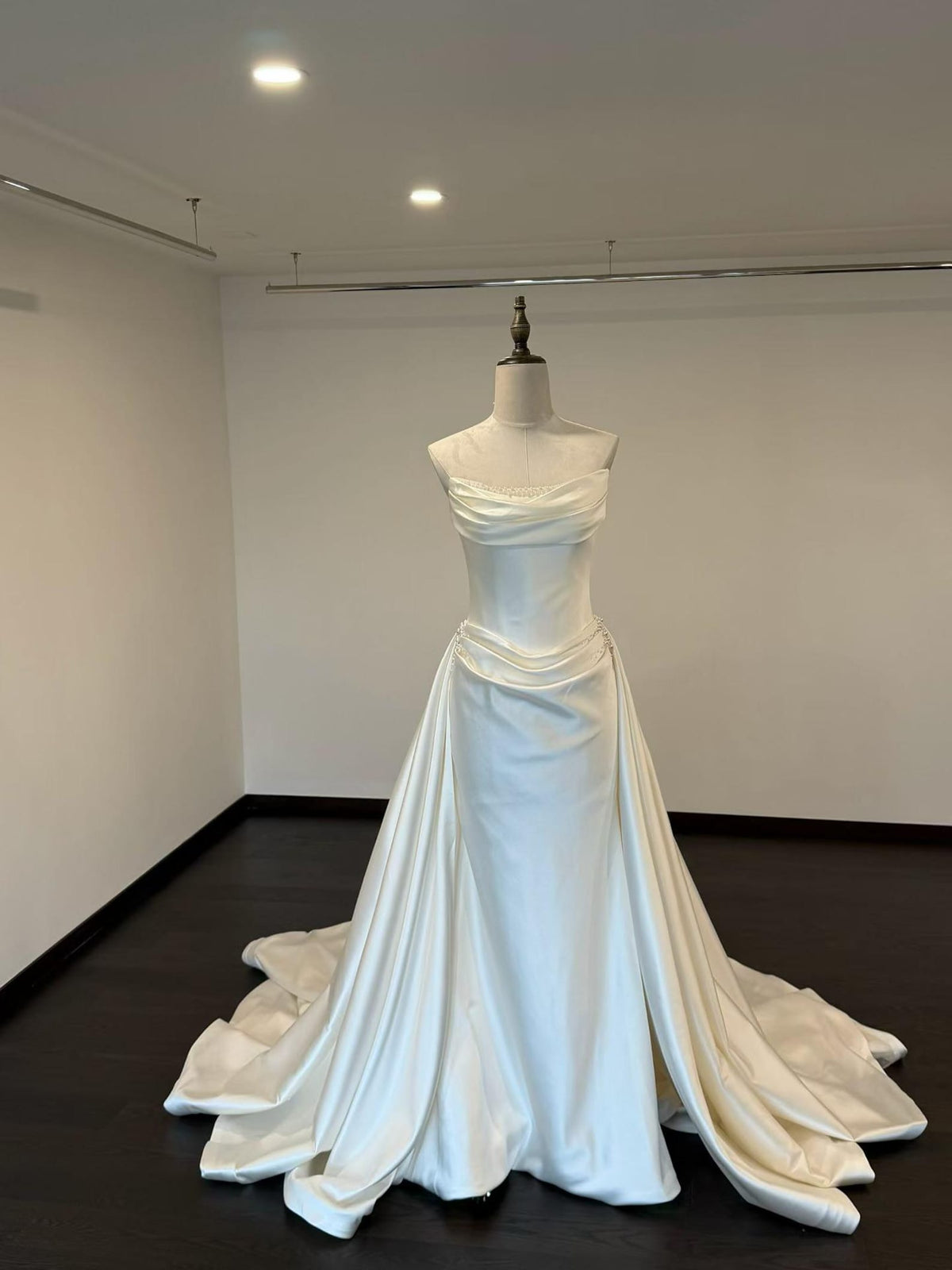 Strapless Draped Mikado Satin Mermaid Wedding Dress, Detachable Overskirt Bridal Gown
