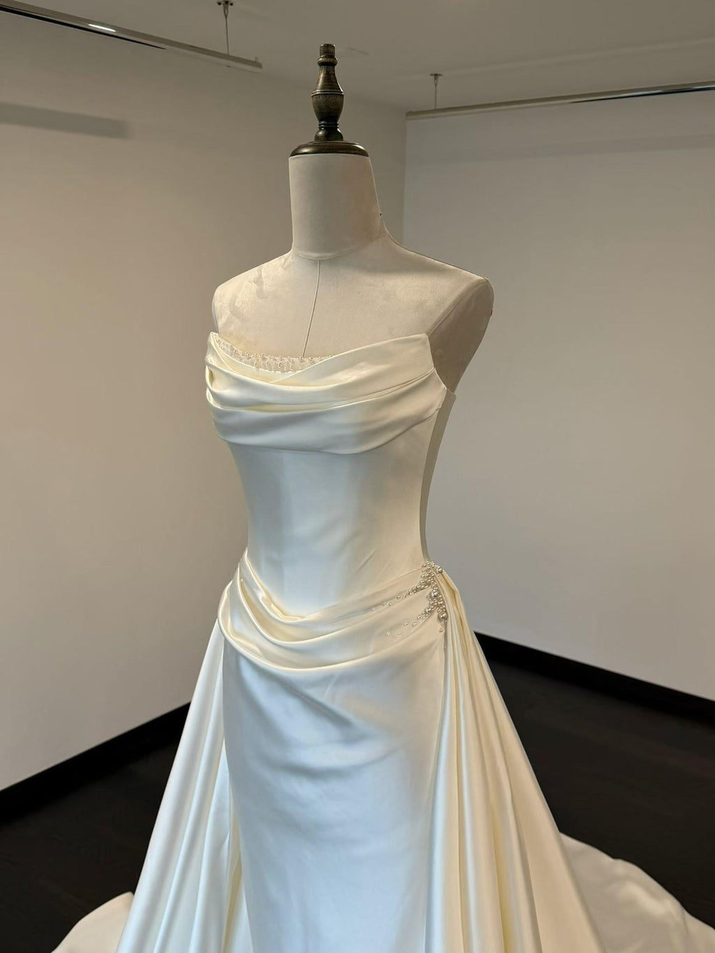 Strapless Draped Mikado Satin Mermaid Wedding Dress, Detachable Overskirt Bridal Gown