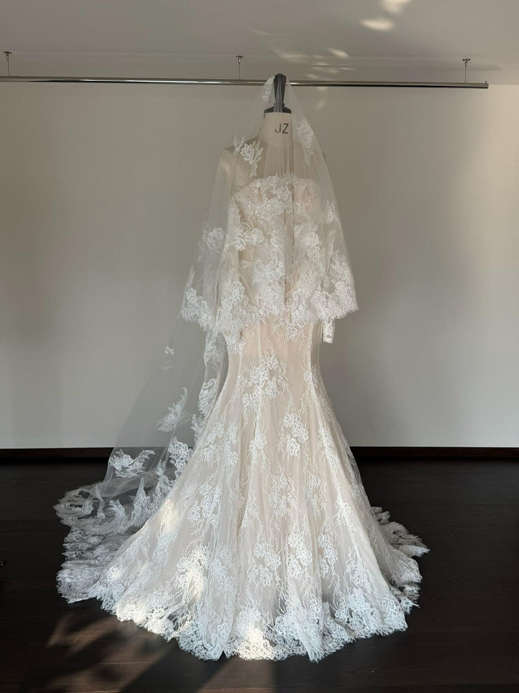 Strapless Off Shoulder Lace Mermaid Wedding Dress, Detachable Long Sleeve Sheer Corset Bridal Gown