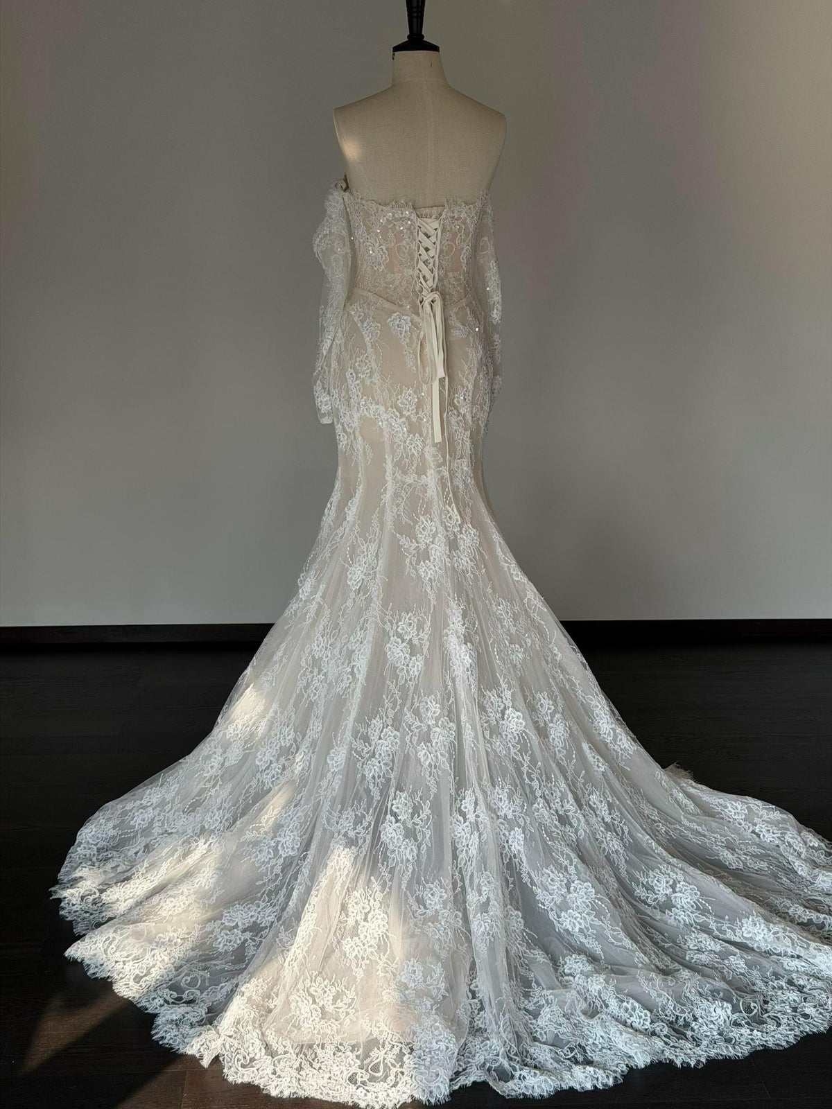 Strapless Off Shoulder Lace Mermaid Wedding Dress, Detachable Long Sleeve Sheer Corset Bridal Gown