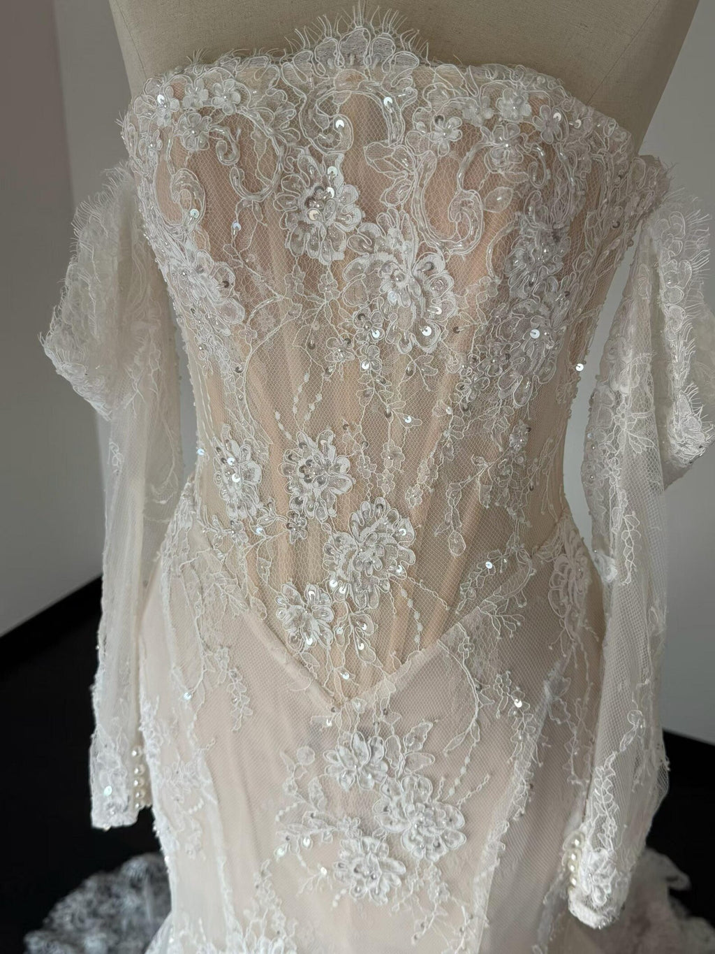 Strapless Off Shoulder Lace Mermaid Wedding Dress, Detachable Long Sleeve Sheer Corset Bridal Gown