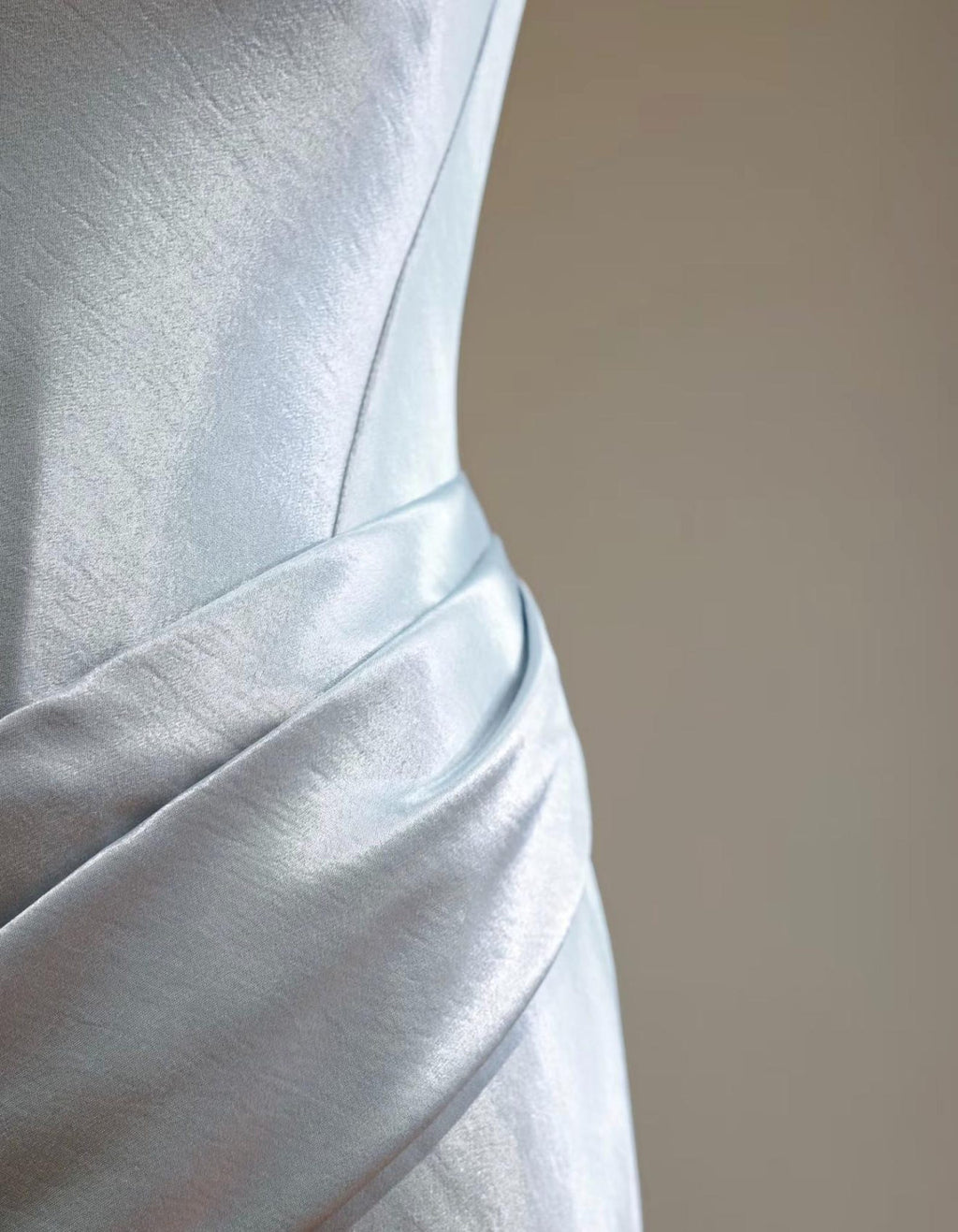 Strapless Draped Satin Mermaid Evening Gown, Light Blue Gray Formal Wedding Reception Dress