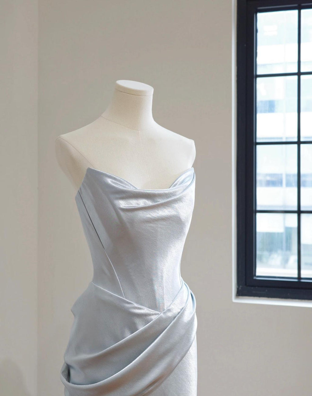 Strapless Draped Satin Mermaid Evening Gown, Light Blue Gray Formal Wedding Reception Dress