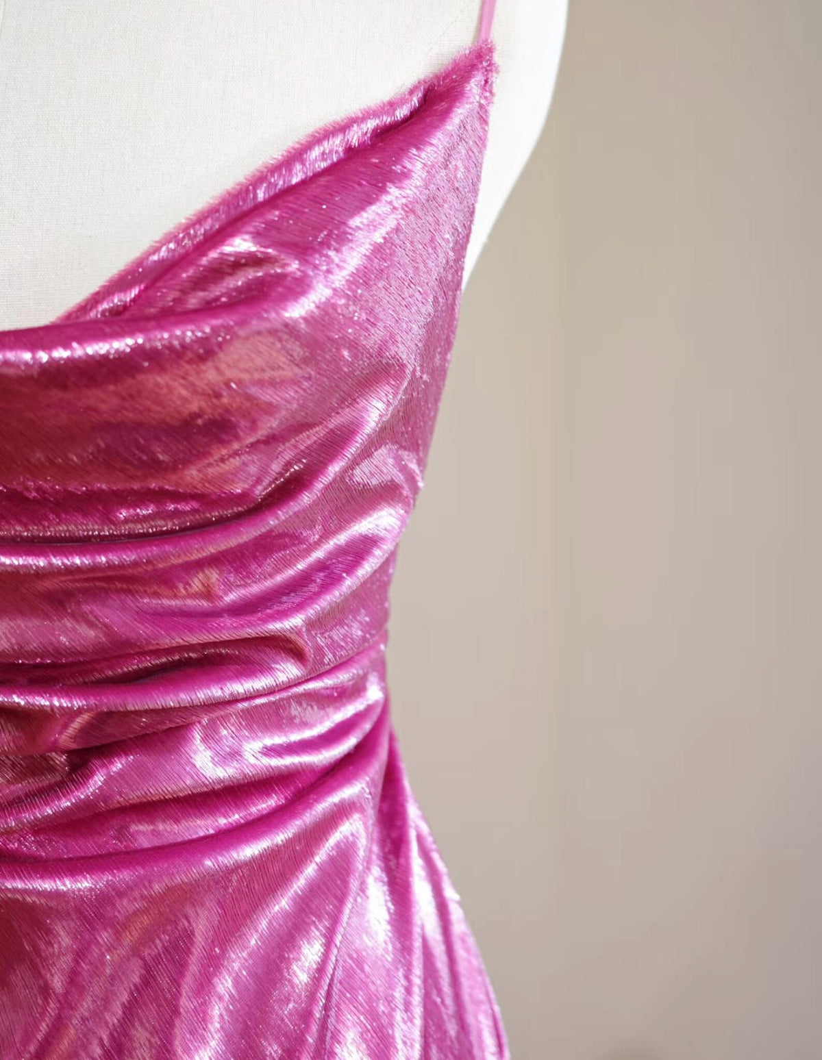 Spaghetti Strap Cowl Neck Sequin Satin Mermaid Evening Gown, Fuchsia Pink Formal Dress With Train