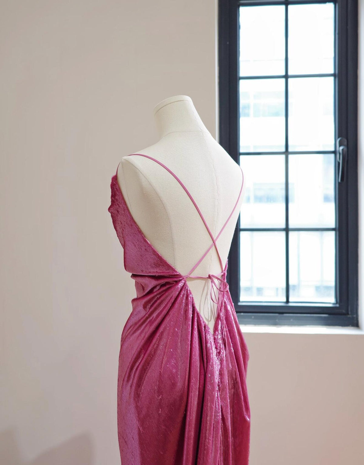 Spaghetti Strap Cowl Neck Sequin Satin Mermaid Evening Gown, Fuchsia Pink Formal Dress With Train