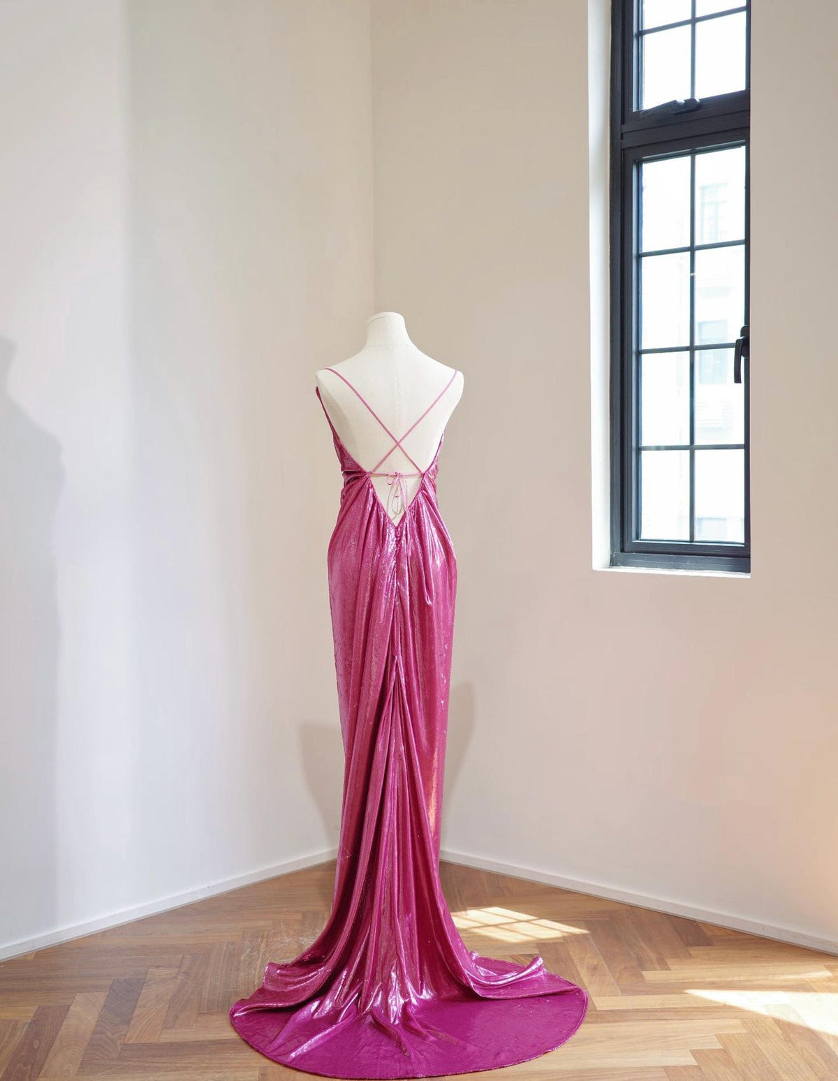 Spaghetti Strap Cowl Neck Sequin Satin Mermaid Evening Gown, Fuchsia Pink Formal Dress With Train