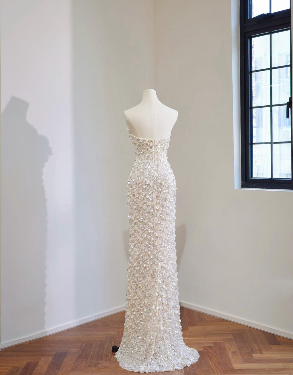 Strapless Cowl Neck 3D Floral Beaded Mermaid Evening Gown, Champagne Sparkly Formal Dress With Train