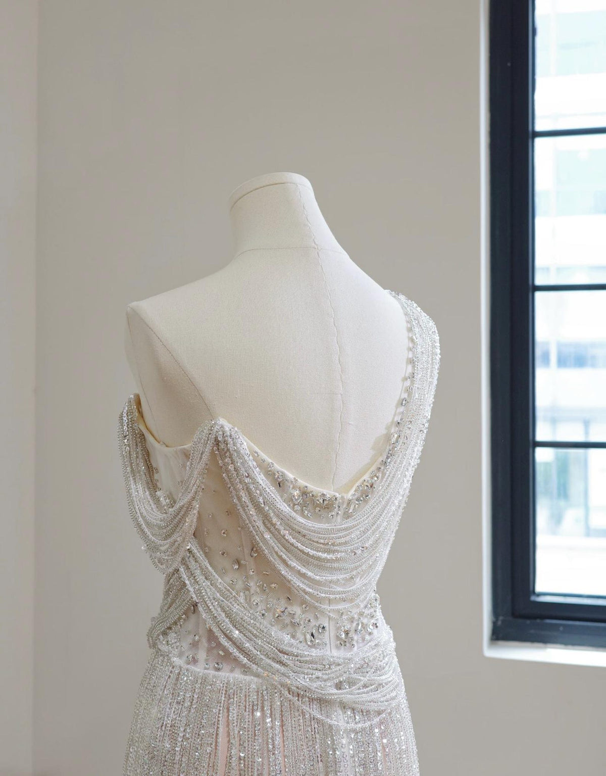 One Shoulder Draped Beaded Fringe Evening Gown, Silver Sparkly Tassel Long Formal Party Dress