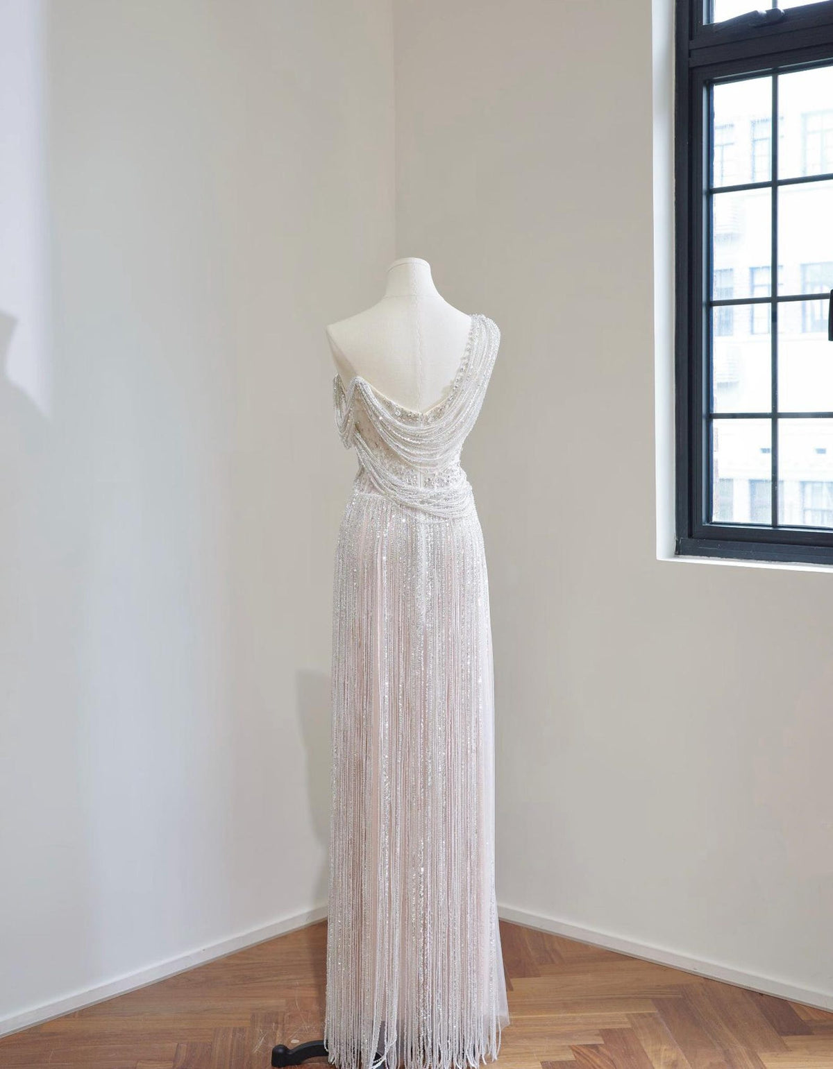One Shoulder Draped Beaded Fringe Evening Gown, Silver Sparkly Tassel Long Formal Party Dress