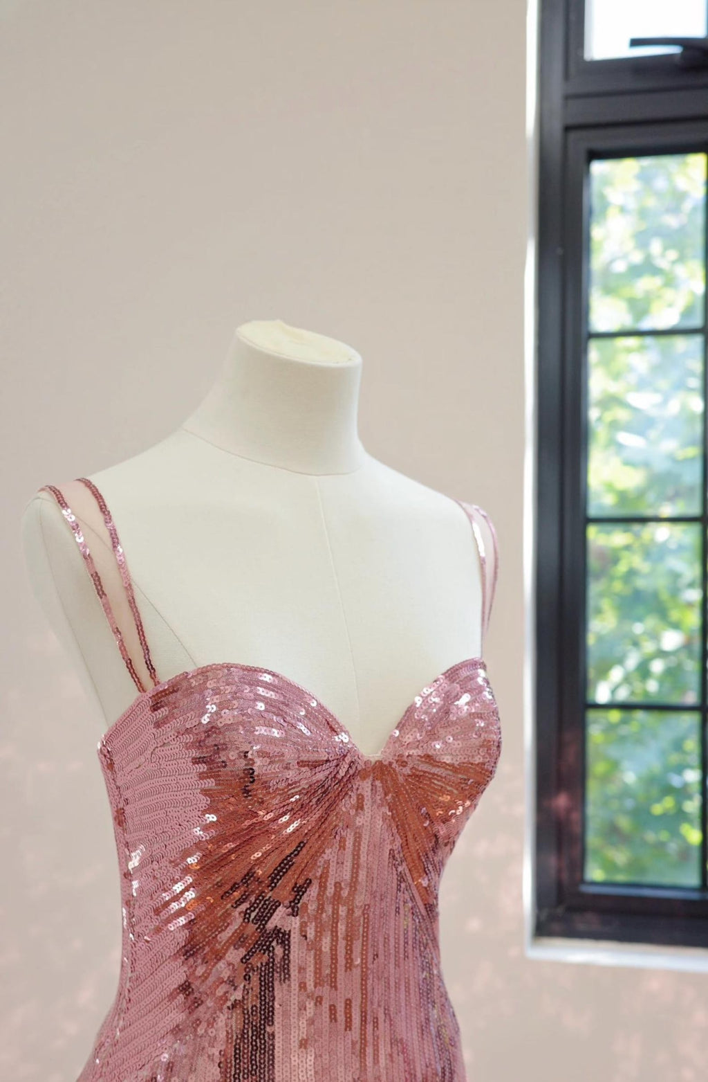 Spaghetti Strap Sweetheart Neck Sequin Fringe Evening Gown, Dusty Pink Long Sparkly Formal Party Dress