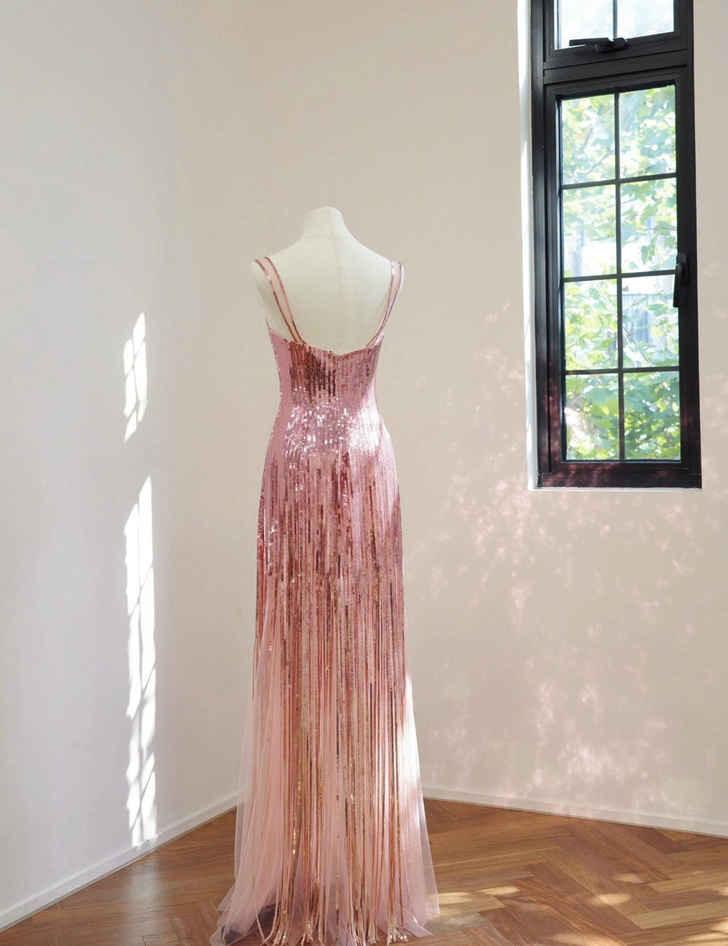 Spaghetti Strap Sweetheart Neck Sequin Fringe Evening Gown, Dusty Pink Long Sparkly Formal Party Dress