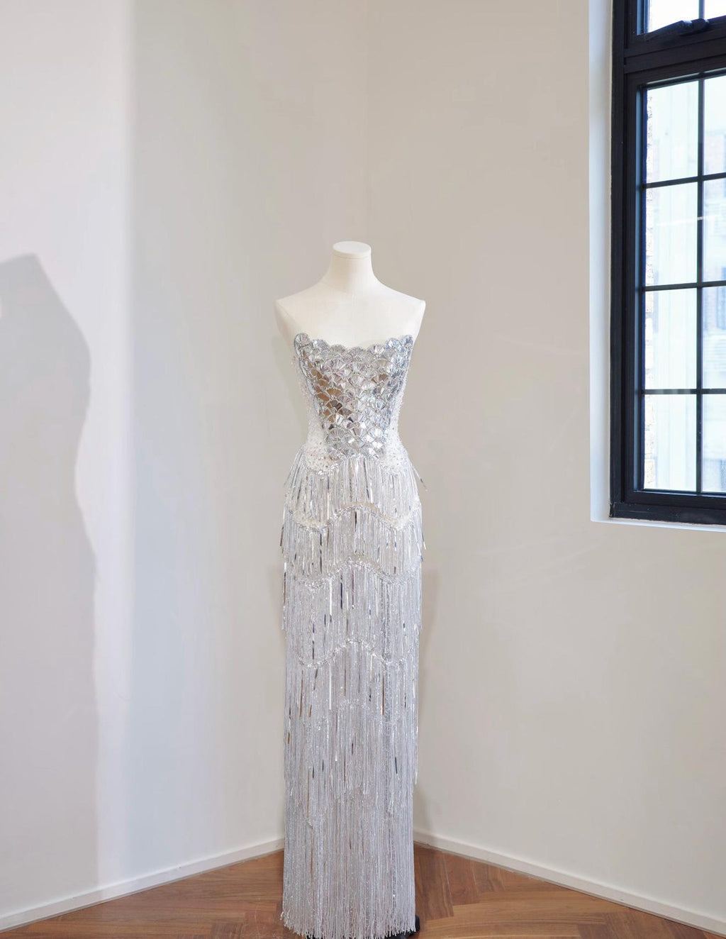 Strapless Silver Mirror Sequin Fringe Evening Gown, Chevron Tassel Long Sparkly Formal Party Dress