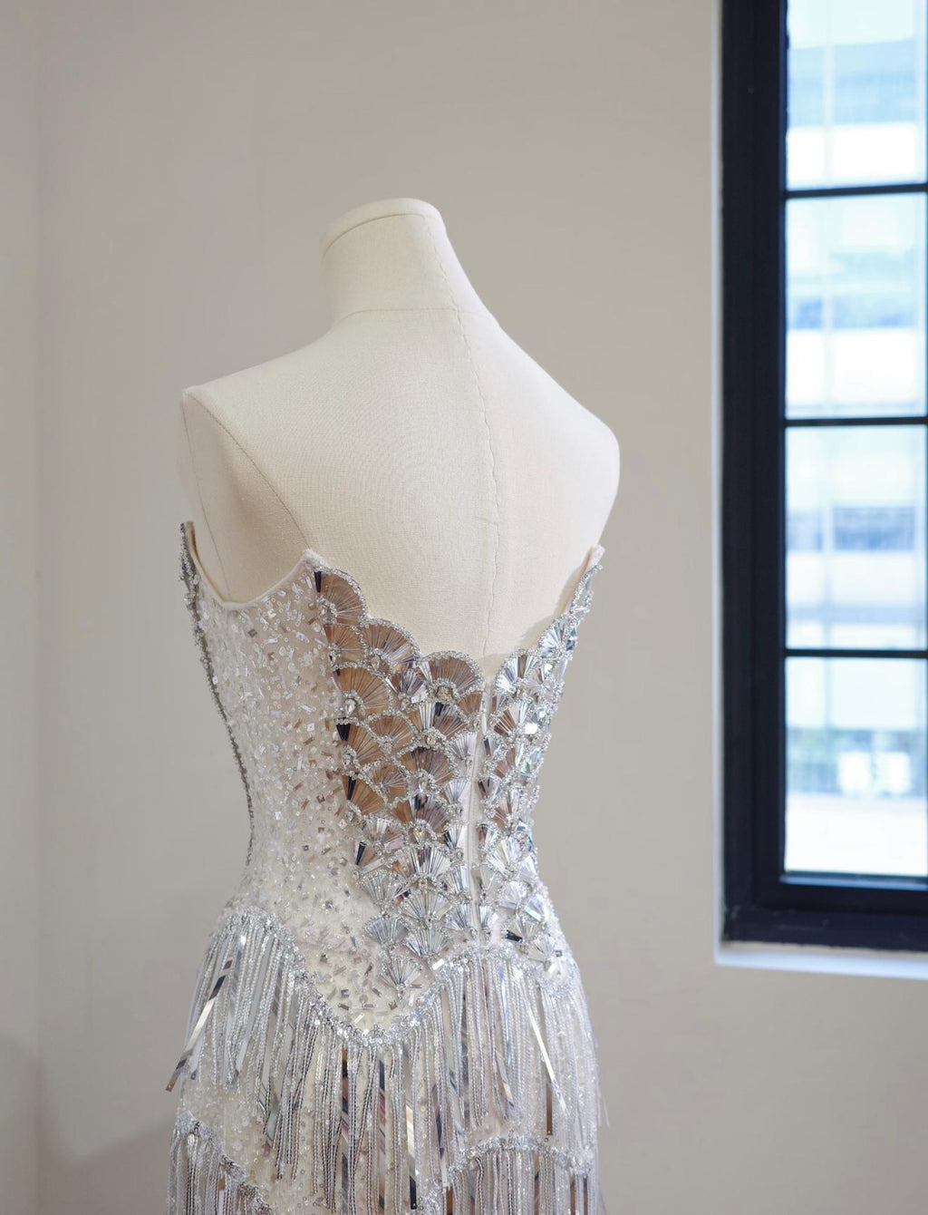 Strapless Silver Mirror Sequin Fringe Evening Gown, Chevron Tassel Long Sparkly Formal Party Dress