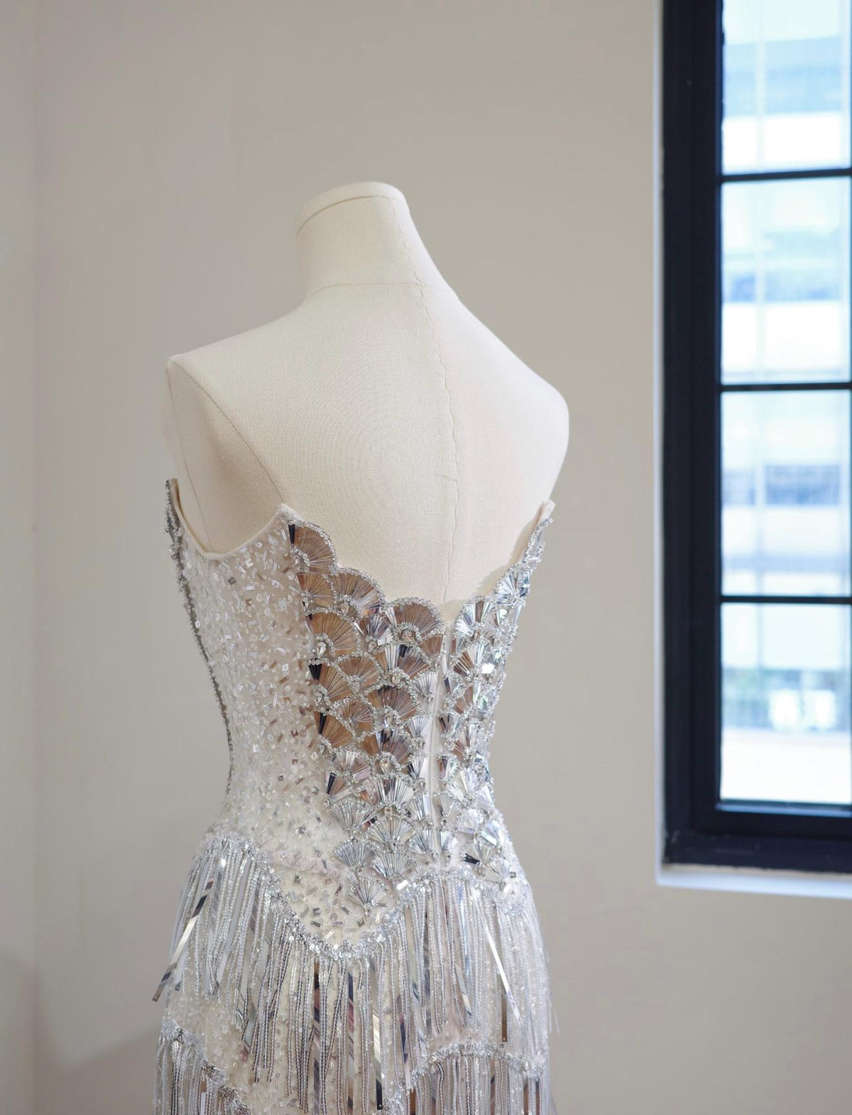 Strapless Silver Mirror Sequin Fringe Evening Gown, Chevron Tassel Long Sparkly Formal Party Dress