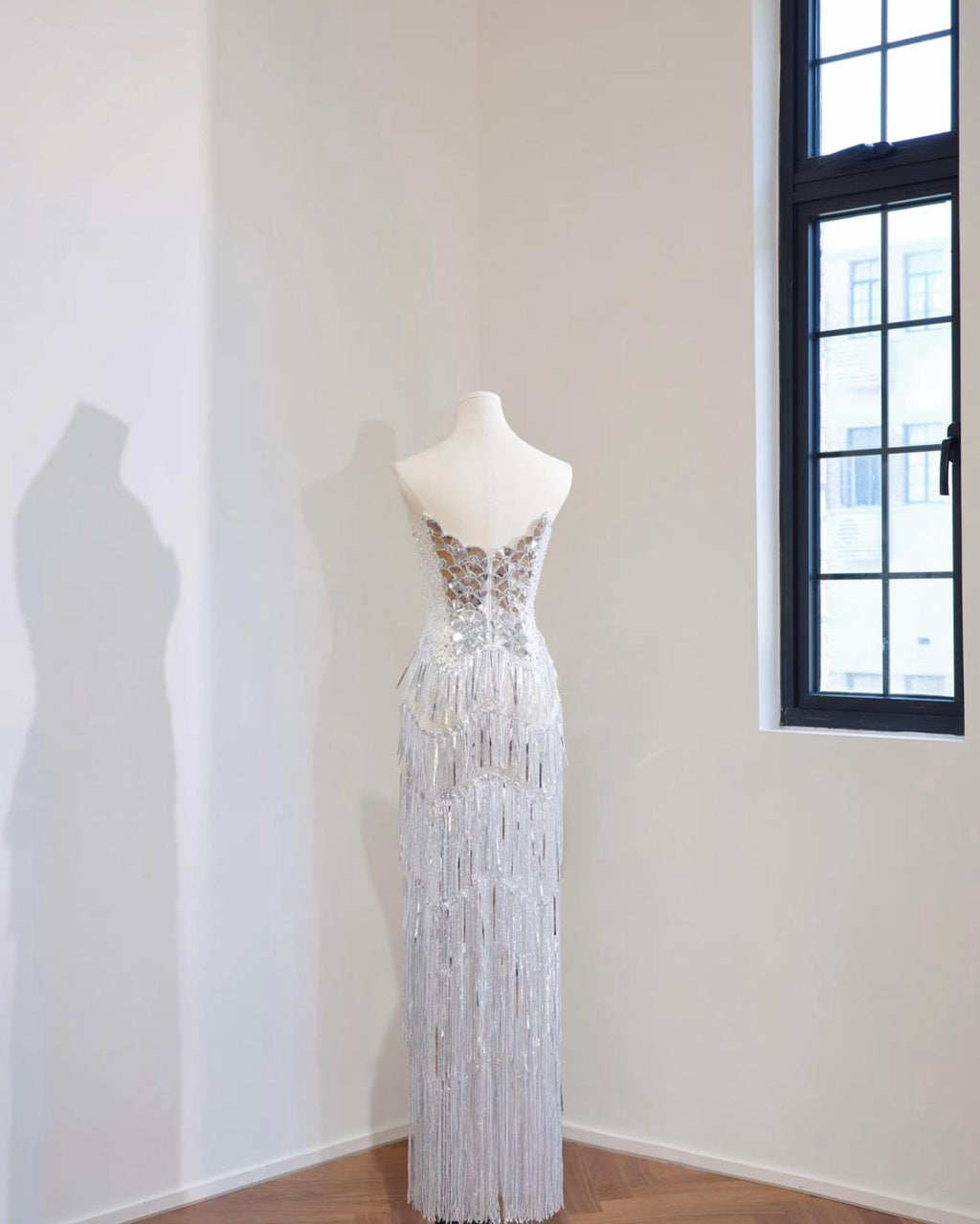 Strapless Silver Mirror Sequin Fringe Evening Gown, Chevron Tassel Long Sparkly Formal Party Dress