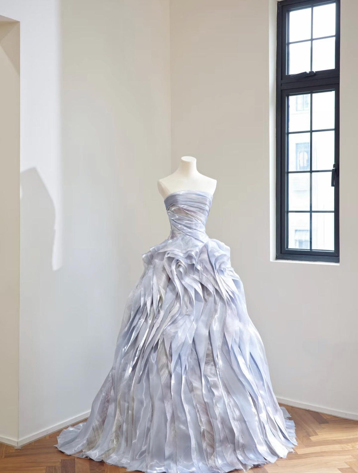Strapless Dusty Lavender Organza Ball Gown, 3D Ruffled Flowing Ribbon Skirt Formal Evening Dress