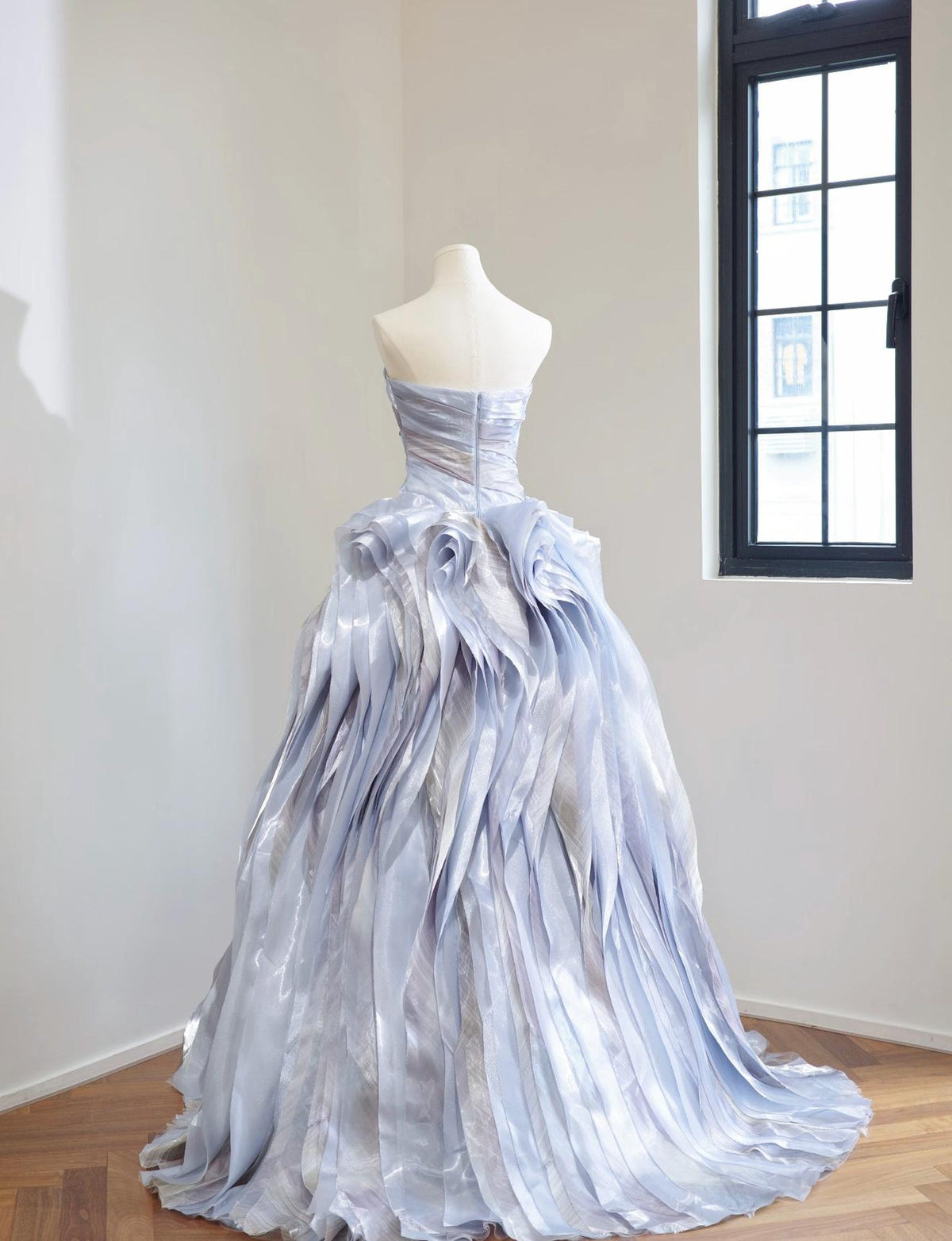 Strapless Dusty Lavender Organza Ball Gown, 3D Ruffled Flowing Ribbon Skirt Formal Evening Dress