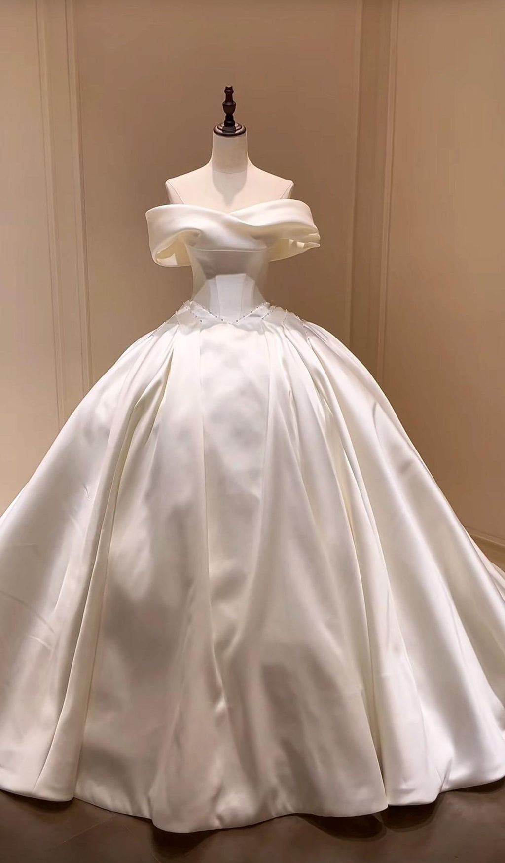 Off Shoulder Fold Satin Ball Gown Wedding Dress, Voluminous Luxury Satin Bridal Gown