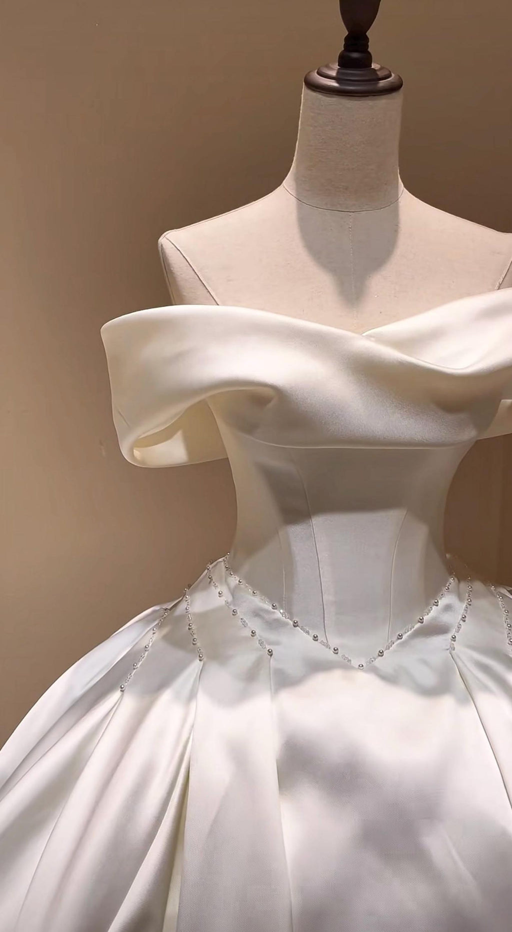 Off Shoulder Fold Satin Ball Gown Wedding Dress, Voluminous Luxury Satin Bridal Gown