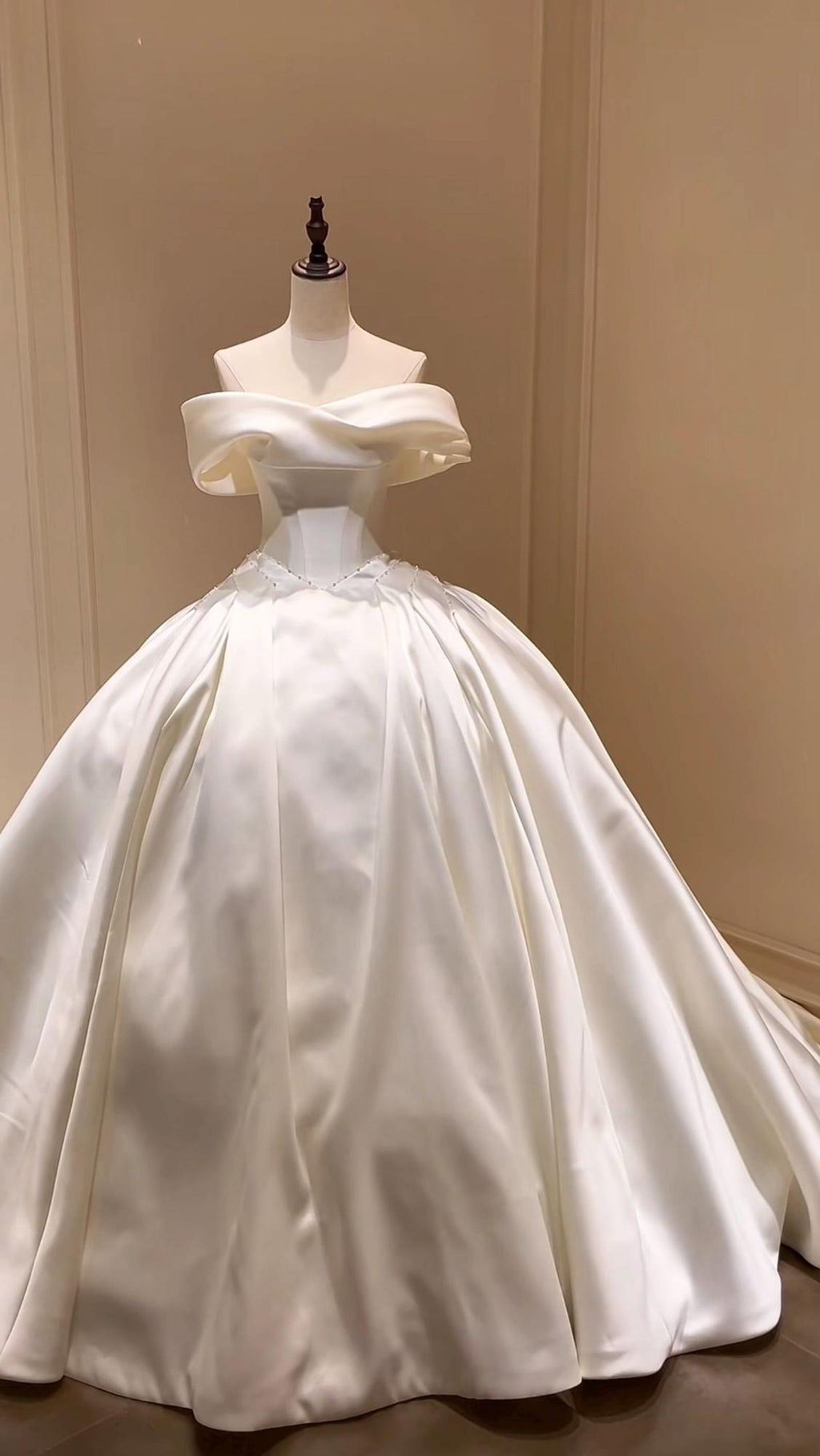 Off Shoulder Fold Satin Ball Gown Wedding Dress, Voluminous Luxury Satin Bridal Gown
