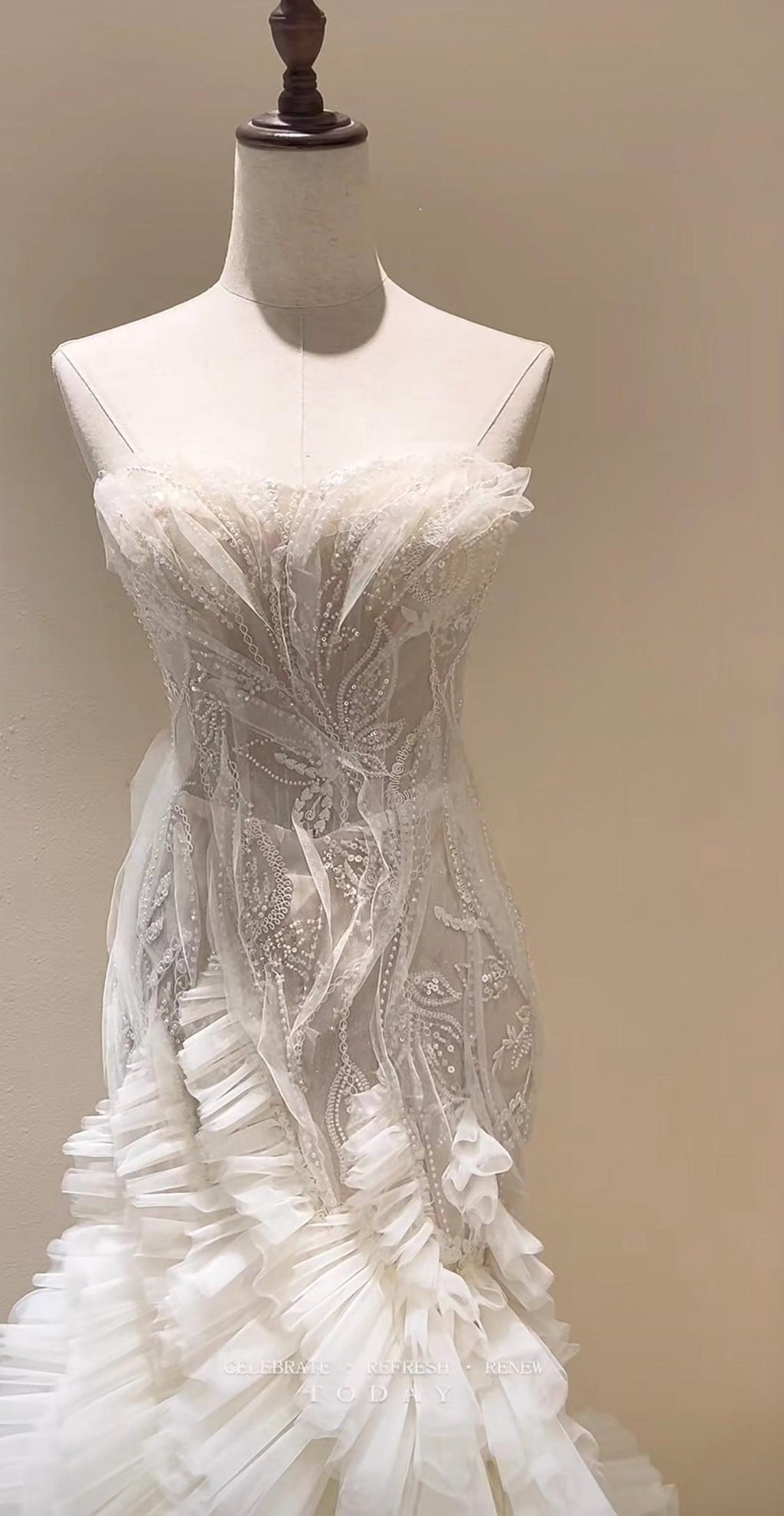Strapless Sheer Beaded Lace Mermaid Wedding Gown, Ruffled Tulle Fitted Bridal Dress