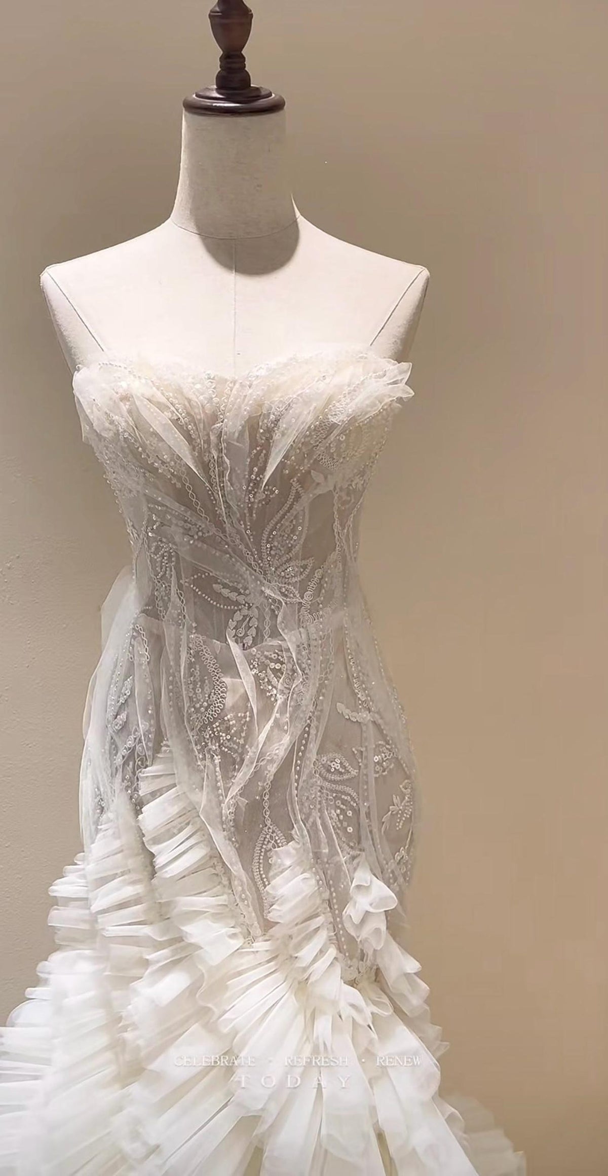 Strapless Sheer Beaded Lace Mermaid Wedding Gown, Ruffled Tulle Fitted Bridal Dress