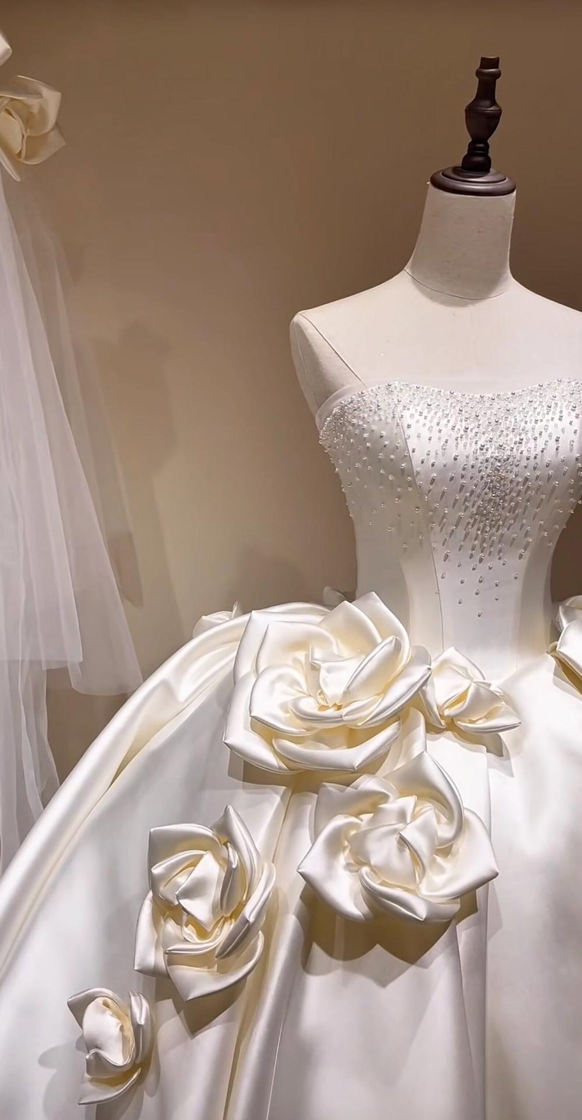 Strapless Beaded Satin Ball Gown Wedding Dress, 3D Large Satin Rose Floral Voluminous Bridal Gown