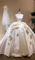 Strapless Beaded Satin Ball Gown Wedding Dress, 3D Large Satin Rose Floral Voluminous Bridal Gown