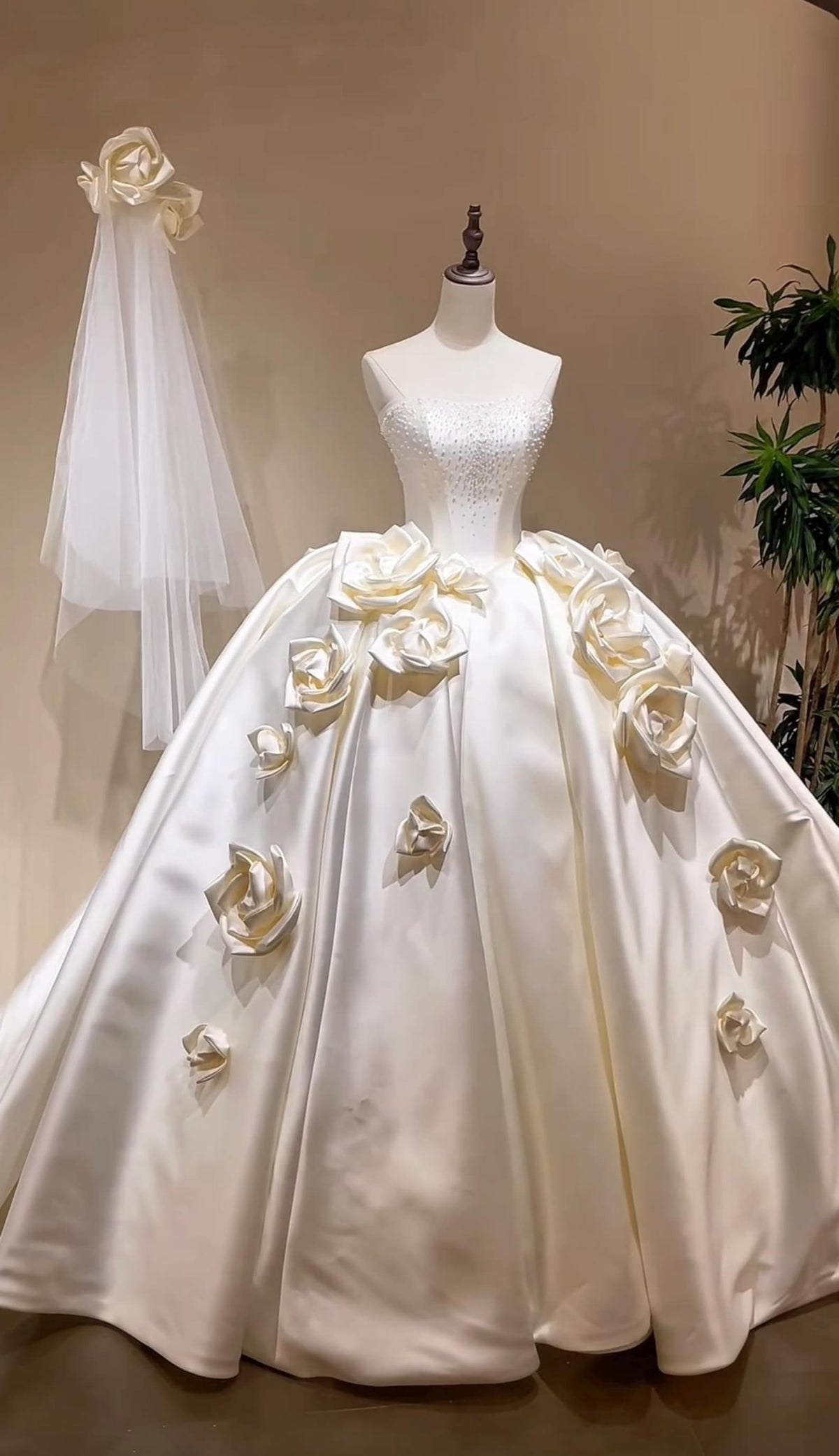 Strapless Beaded Satin Ball Gown Wedding Dress, 3D Large Satin Rose Floral Voluminous Bridal Gown