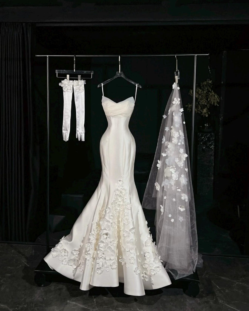 Spaghetti Strap 3D Floral Mermaid Wedding Gown