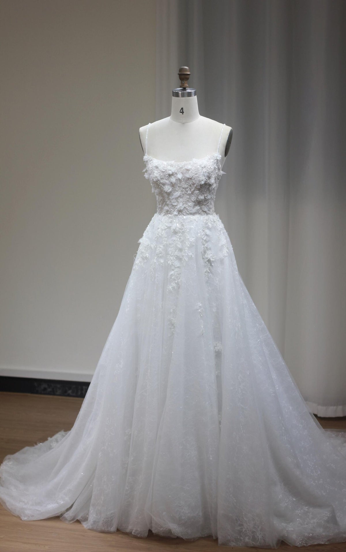 Fairy 3D Floral Tulle A-Line Wedding Dress, Spaghetti Straps Square Neck Bridal Gown, Romantic Lace Long Train Wedding Gown for Elopement