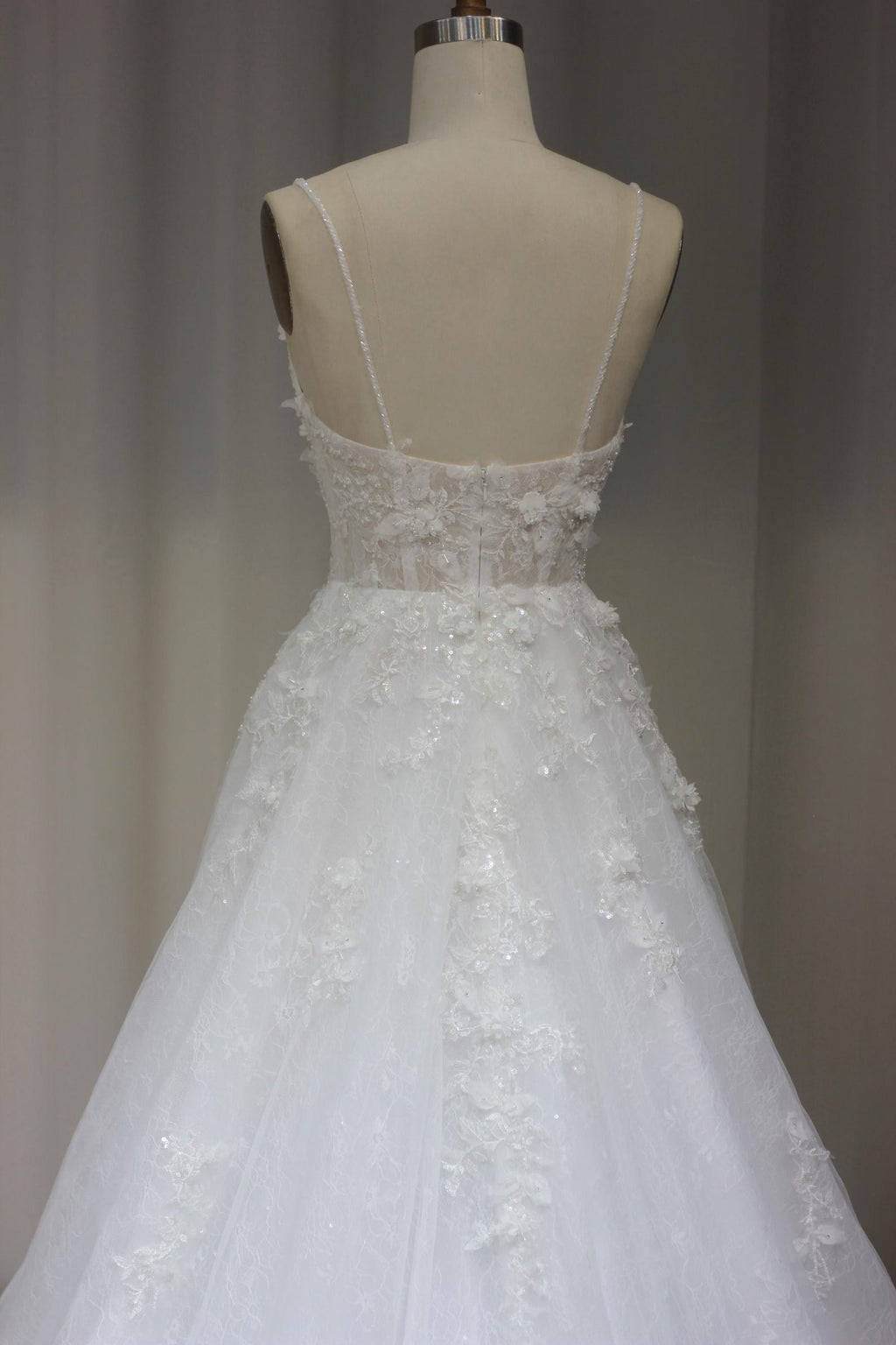 Fairy 3D Floral Tulle A-Line Wedding Dress, Spaghetti Straps Square Neck Bridal Gown, Romantic Lace Long Train Wedding Gown for Elopement