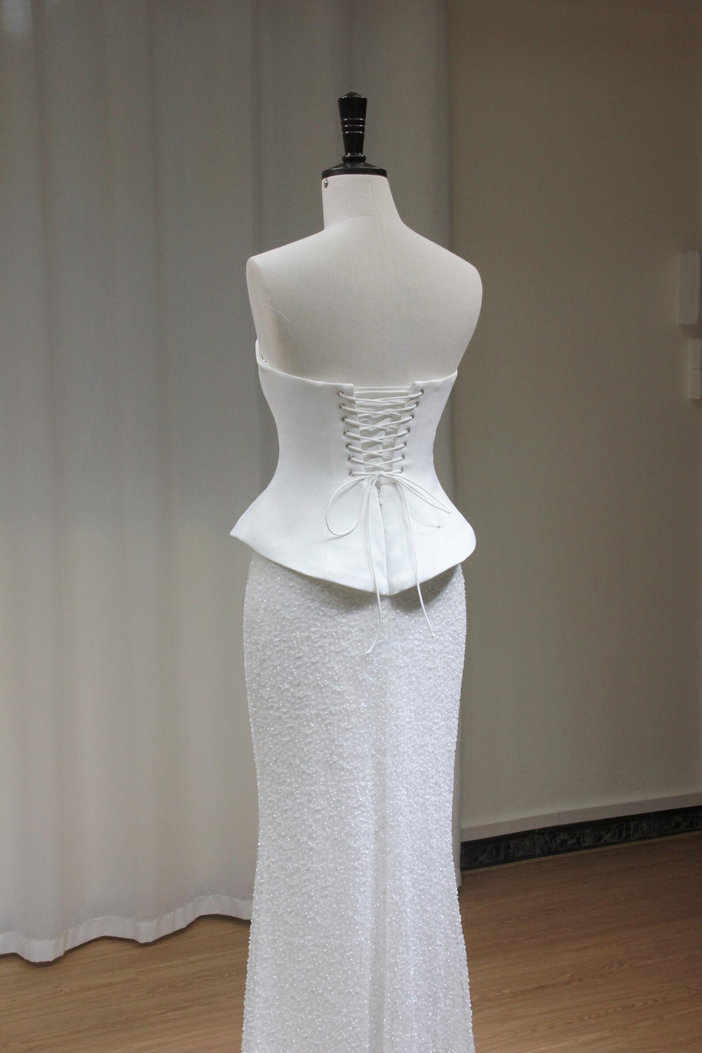 Strapless Two Piece Mermaid Wedding Dress, Satin Peplum Top Beaded Skirt Bridal Gown, Minimalist Sparkly Bridal Dress