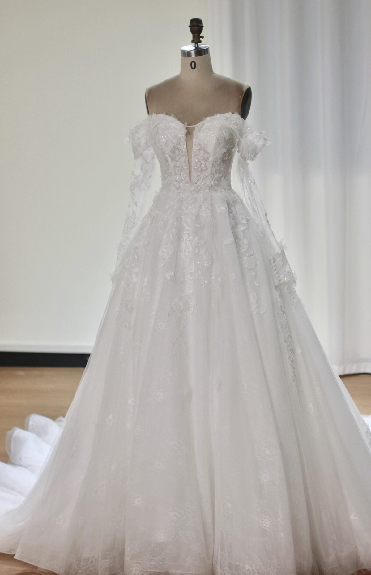 Off The Shoulder 3D Floral A-Line Wedding Dress, Deep V Lace Tulle Bridal Gown, Puff Sleeve Romantic Wedding Gown With Long Train