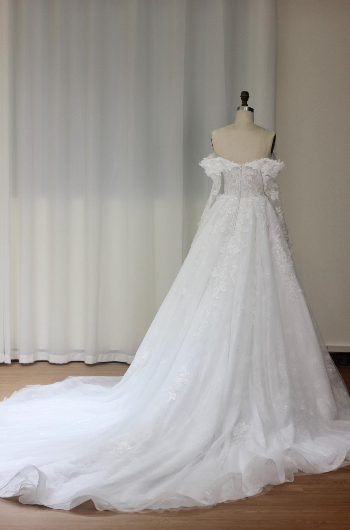 Off The Shoulder 3D Floral A-Line Wedding Dress, Deep V Lace Tulle Bridal Gown, Puff Sleeve Romantic Wedding Gown With Long Train