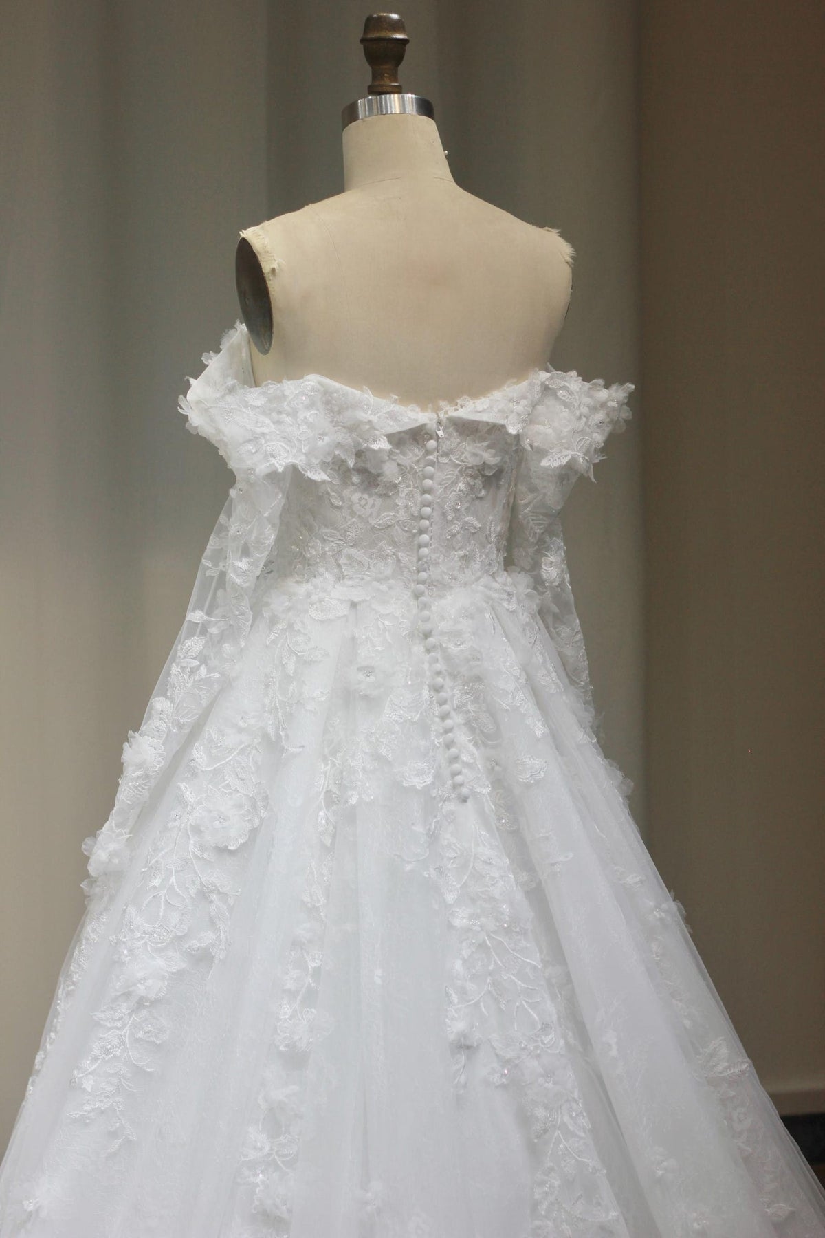Off The Shoulder 3D Floral A-Line Wedding Dress, Deep V Lace Tulle Bridal Gown, Puff Sleeve Romantic Wedding Gown With Long Train