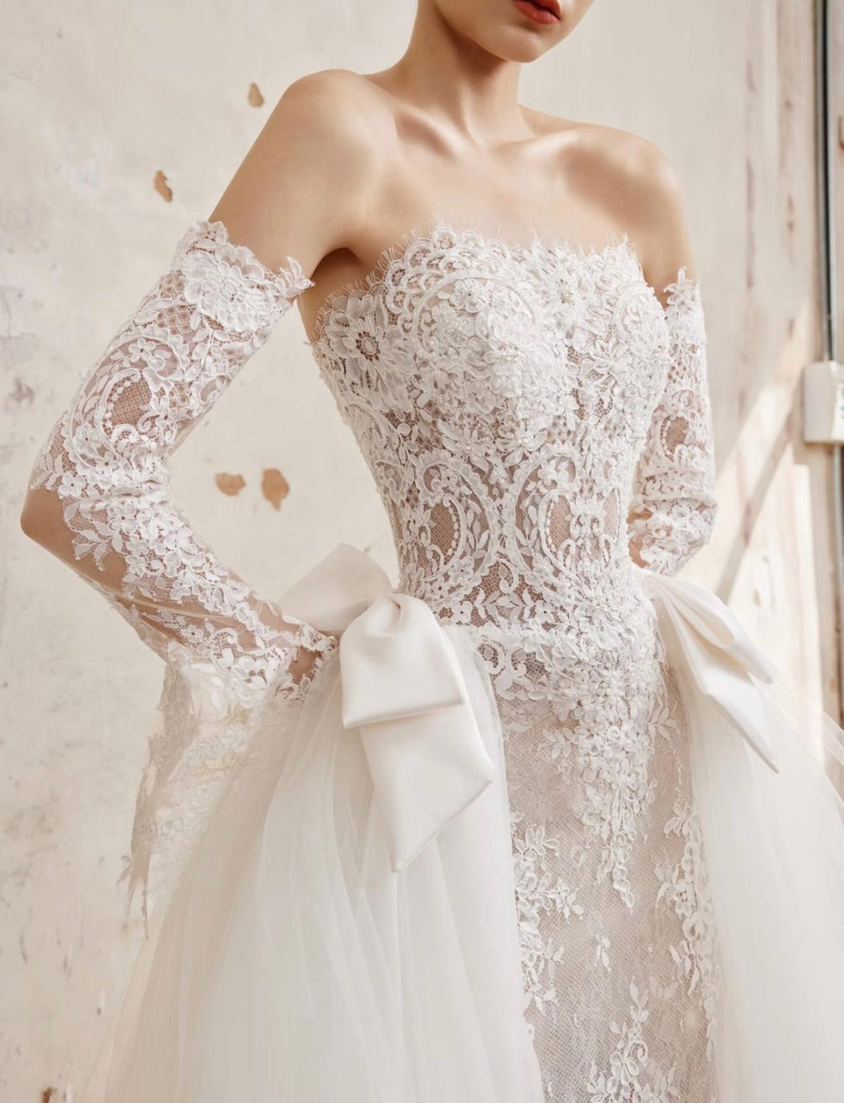 Strapless Lace Wedding Gown, Detachable Long Lace Sleeves, Tulle Skirt Bridal Dress With Satin Bows