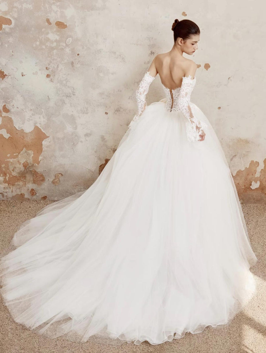 Strapless Lace Wedding Gown, Detachable Long Lace Sleeves, Tulle Skirt Bridal Dress With Satin Bows