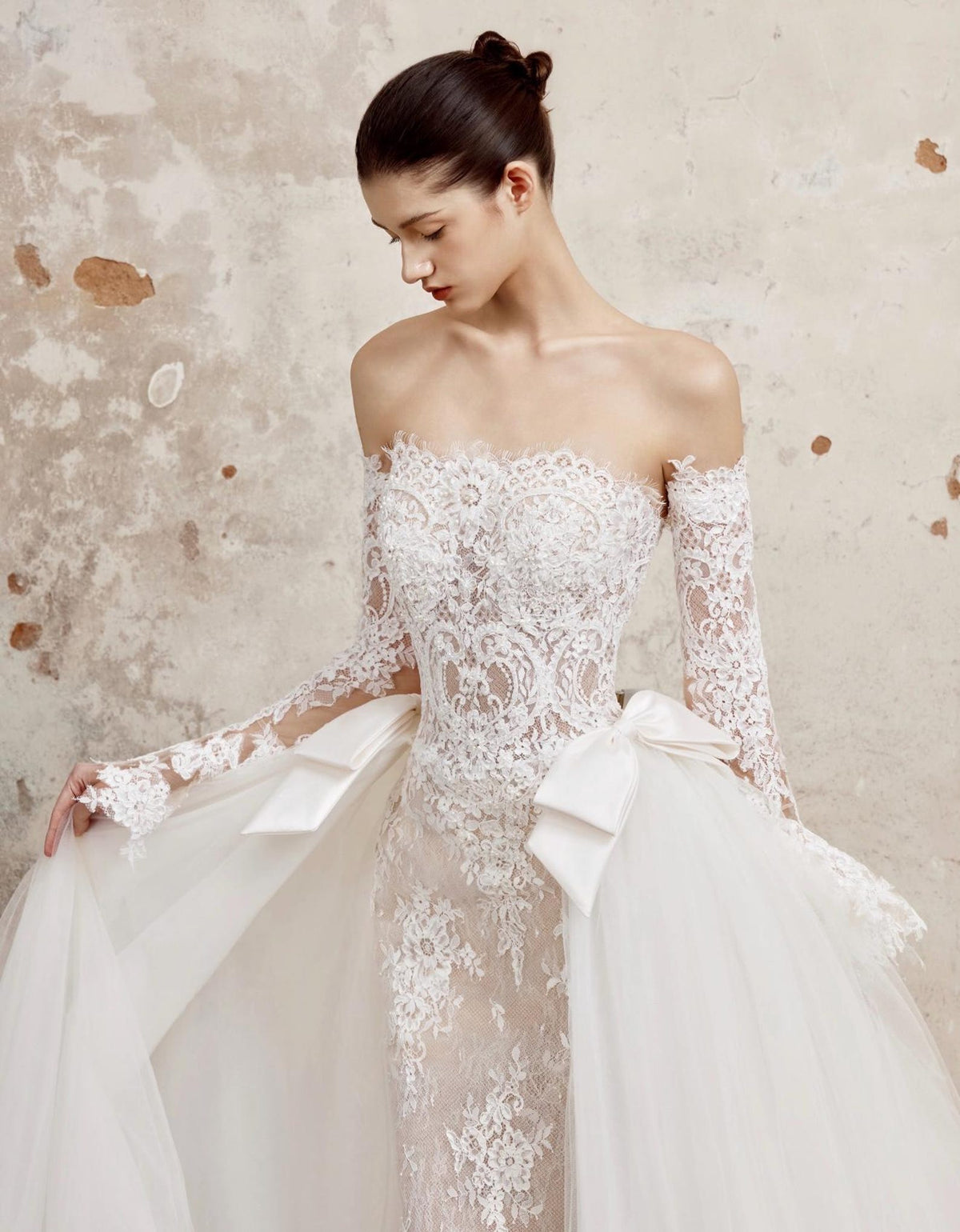 Strapless Lace Wedding Gown, Detachable Long Lace Sleeves, Tulle Skirt Bridal Dress With Satin Bows