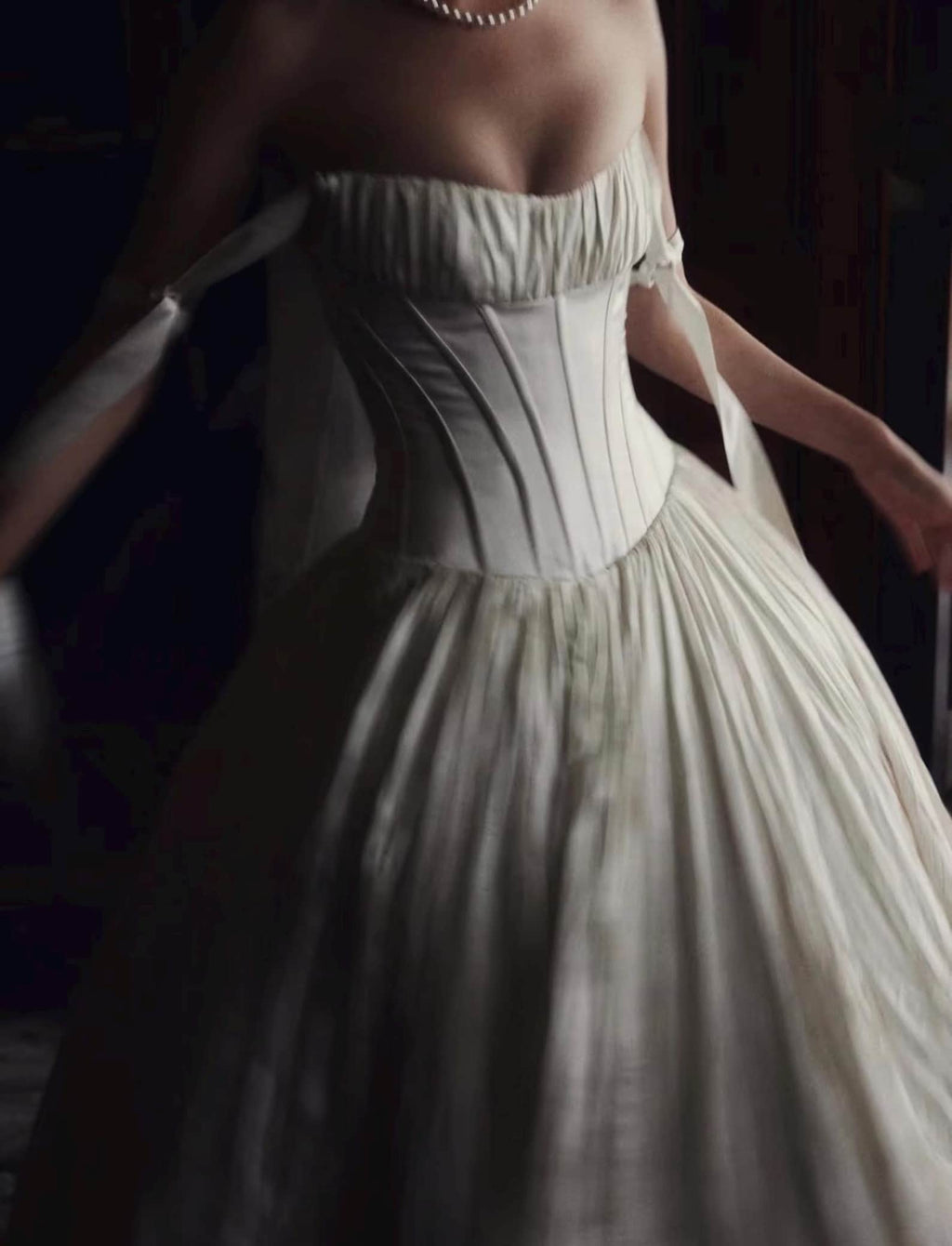 Strapless Corset Wedding Gown, Pleated Voluminous Ballgown, Off‑Shoulder Tie Strap Bridal Dress