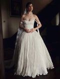 Strapless Corset Wedding Gown, Pleated Voluminous Ballgown, Off‑Shoulder Tie Strap Bridal Dress