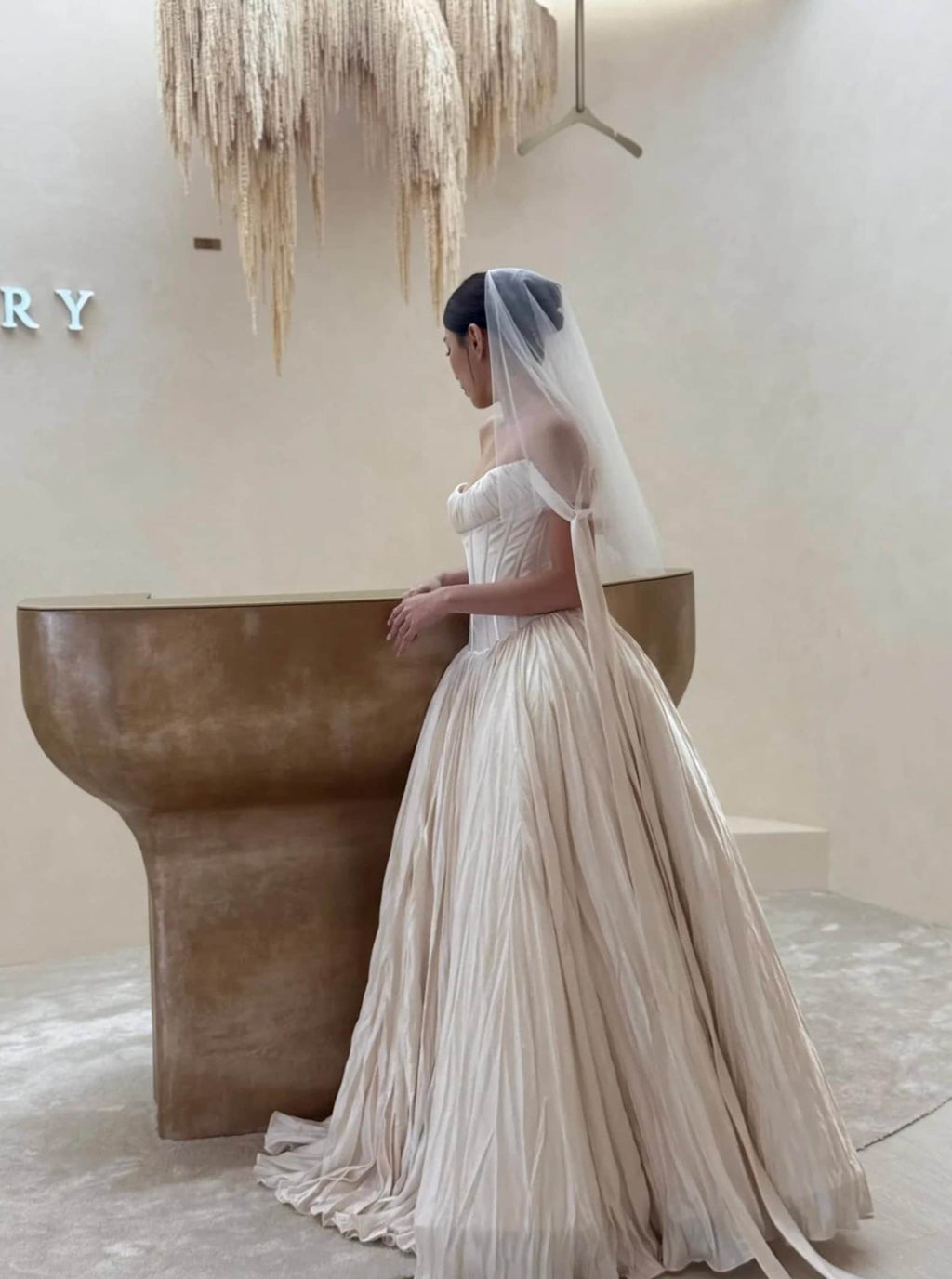 Strapless Corset Wedding Gown, Pleated Voluminous Ballgown, Off‑Shoulder Tie Strap Bridal Dress